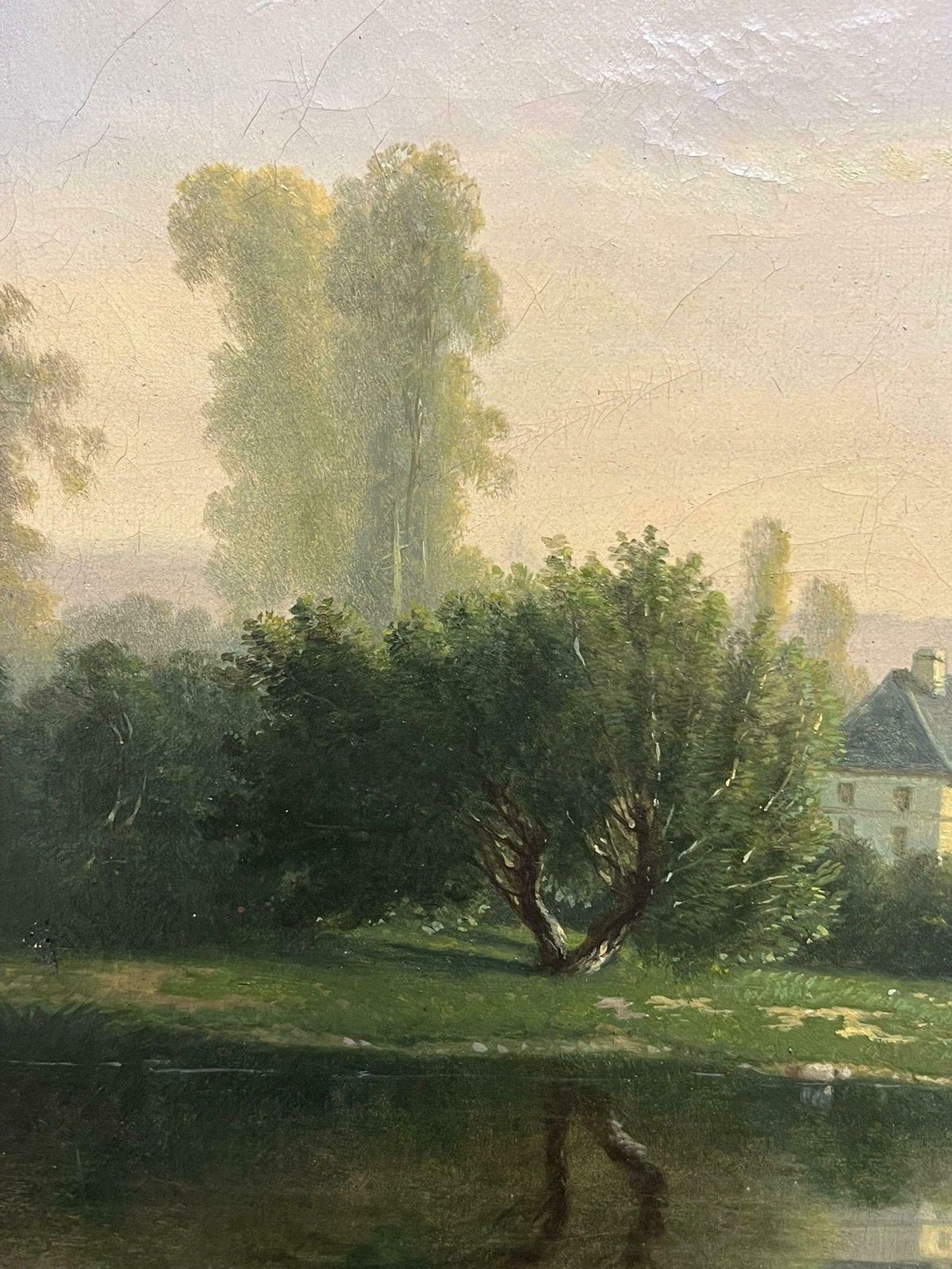 French School19th Century White Chateau Riverside Estate With Boaters Signed French Oil1855 photo for sale