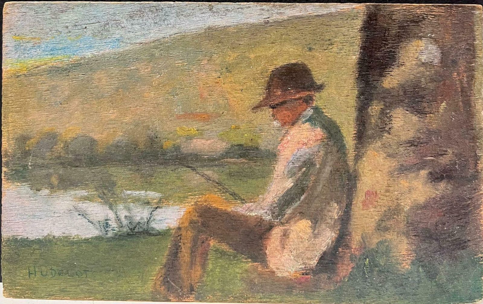 Contemplative Fisherman By River Oil Painting Early 20th C. French Impressionist photo furniture