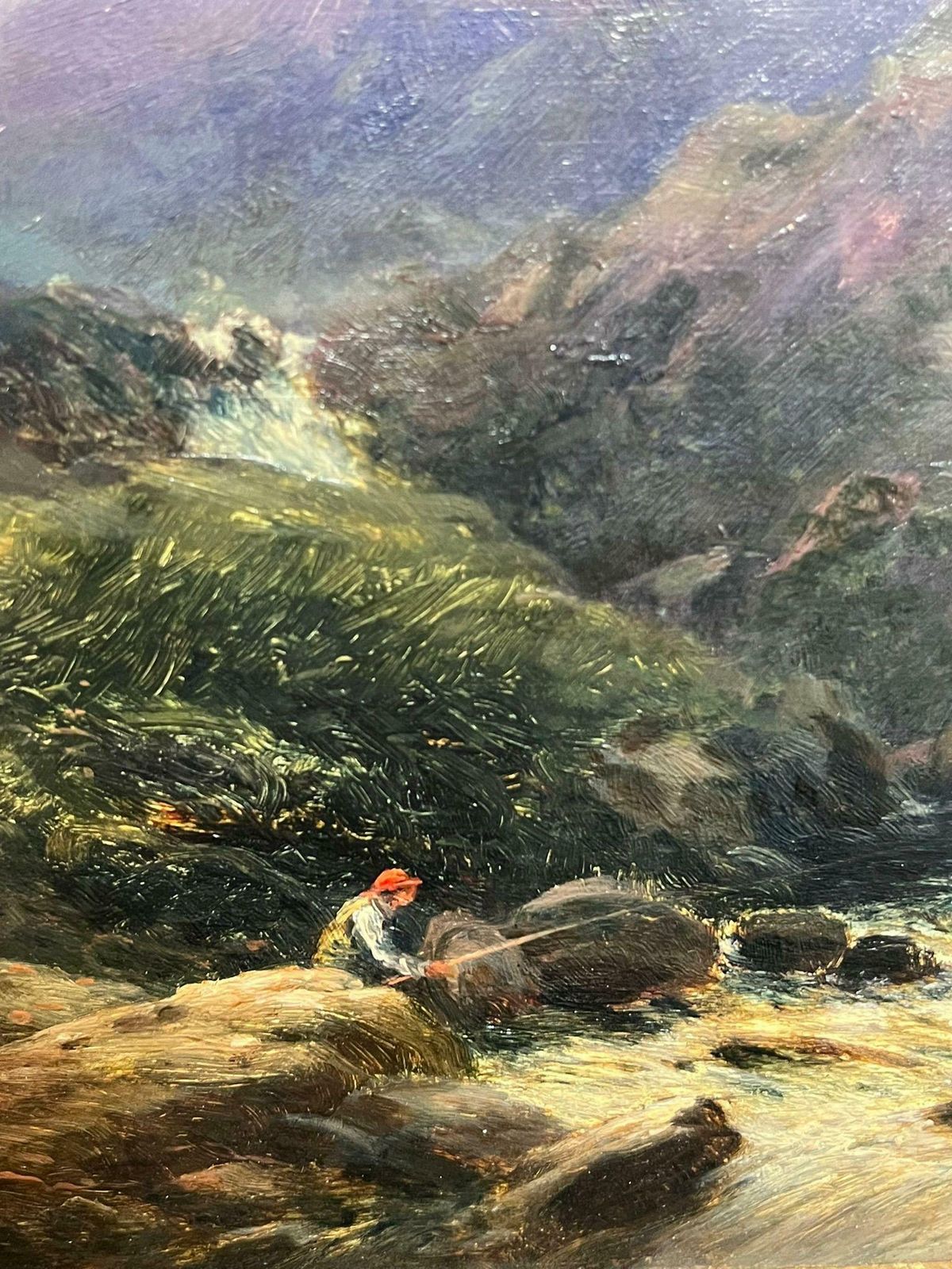 Thomas Morris Ashvictorian Oil Painting Welsh Mountain Landscape With Stream & Figure Fishing photo for sale