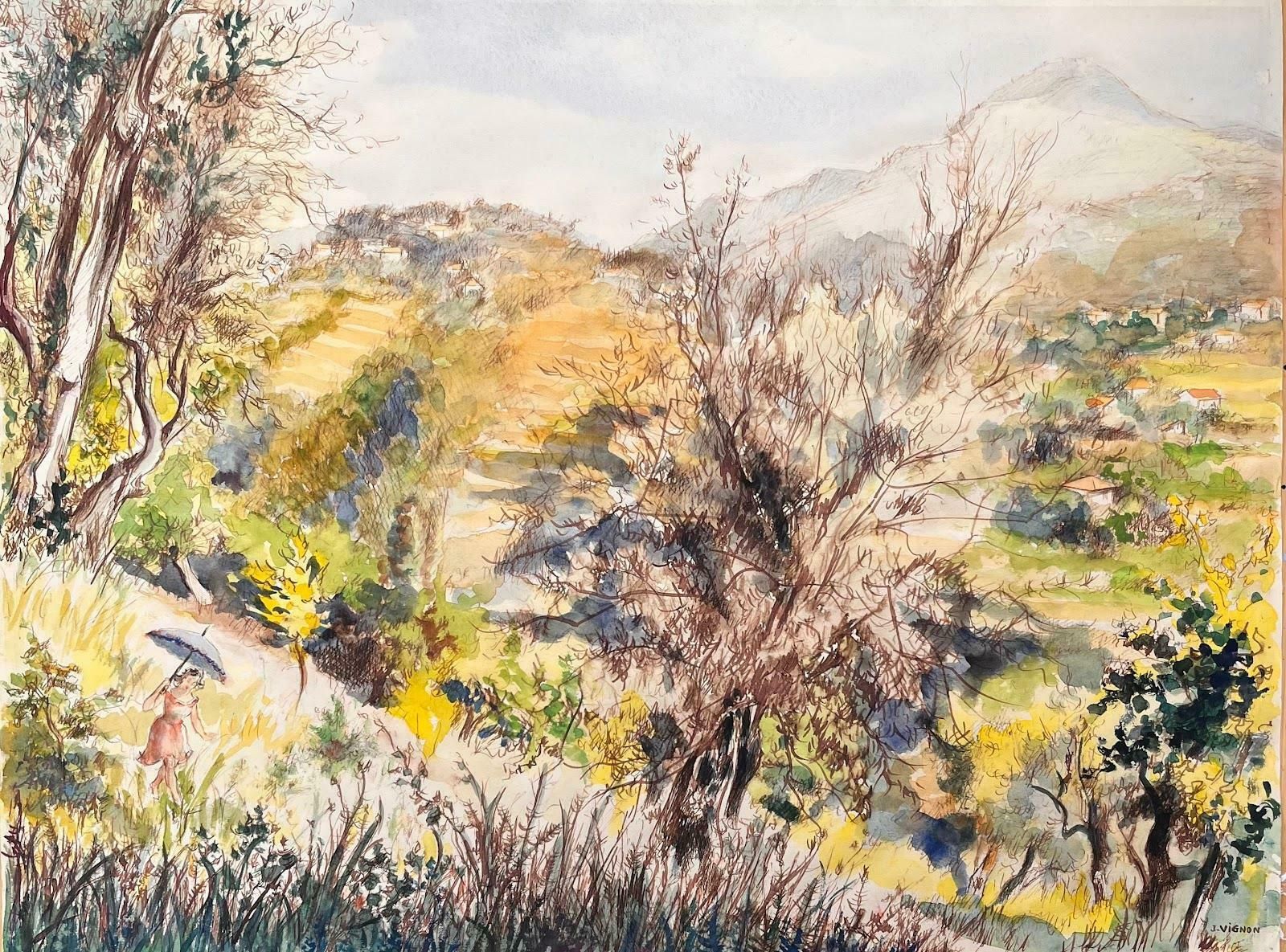 Josine Vignoncountryside Of Nice (Le Mont Chauve)   Serene Watercolor Landscape1950's photo furniture