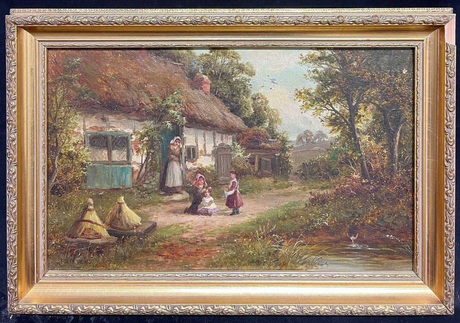 T.Stevens19th Century Rural Family Scene Victorian Cottage Children Playing English Oil photo furniture