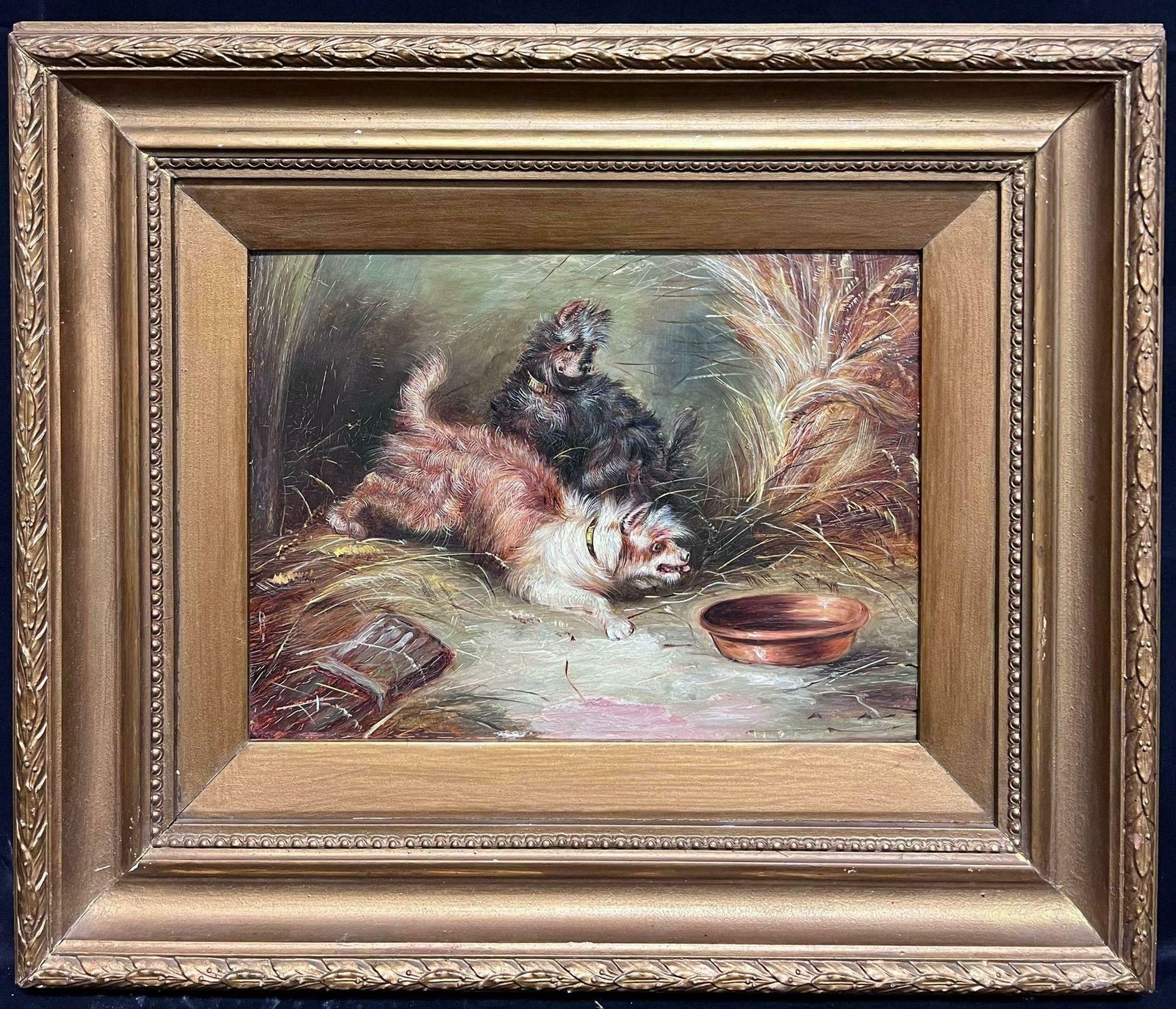 English Dog Paintingplayful Terriers Pouncing To The Dog Bowl Antique English Oil Painting photo furniture