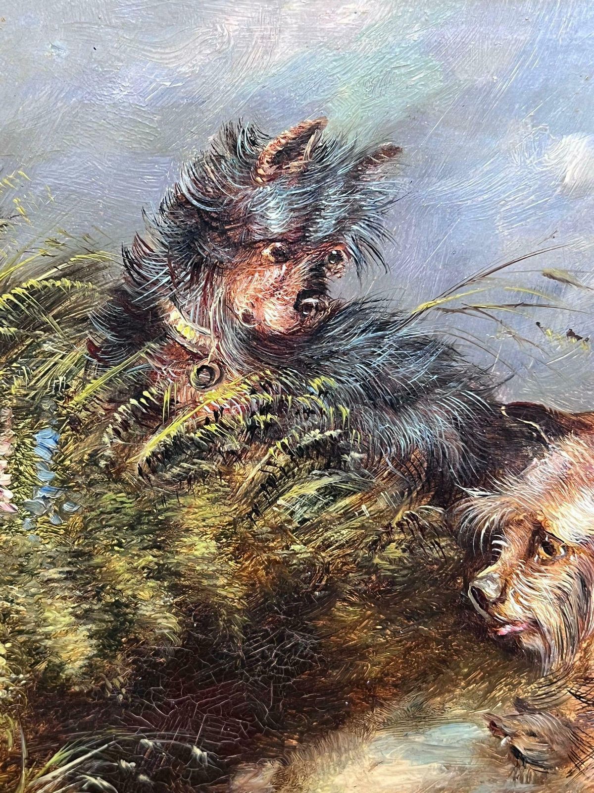 English Dog Paintingfamily Of Three Playful Terrier Dogs In Meadow Vintage English Art Oil Painting photo 1222.0