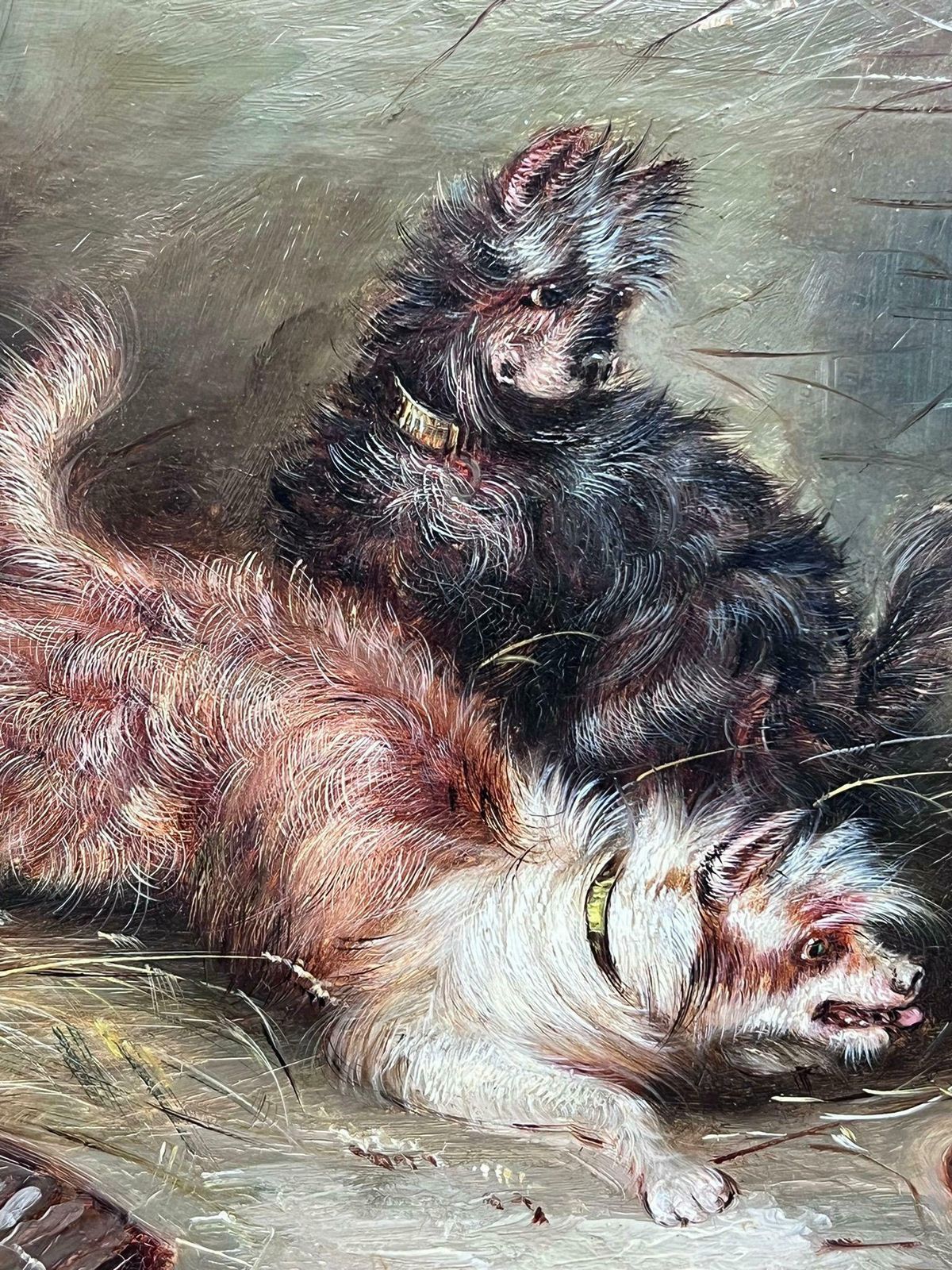 English Dog Paintingplayful Terriers Pouncing To The Dog Bowl Antique English Oil Painting photo vinterior