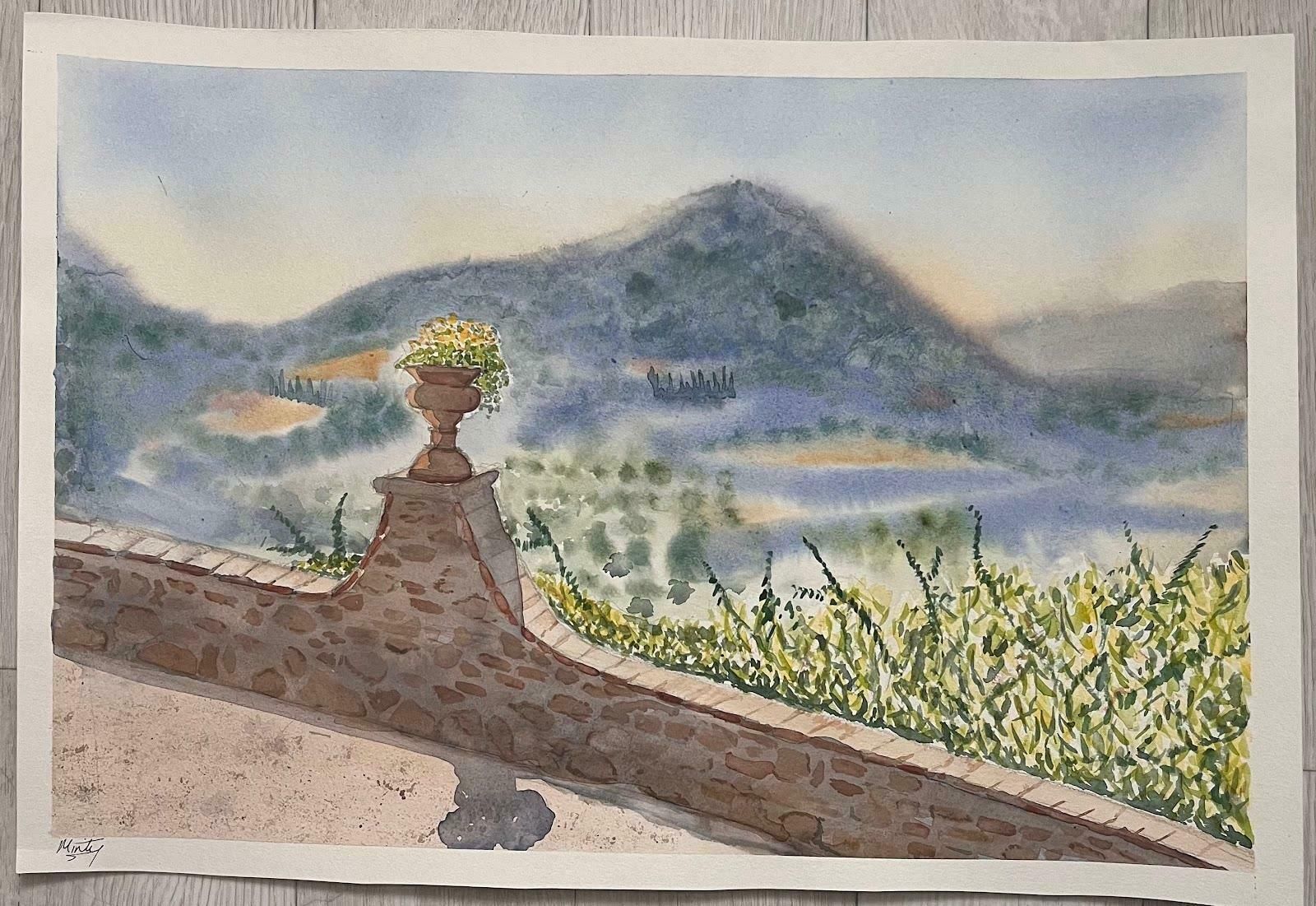 Minty Ramseyview From Montisi Italy Colorful Watercolor Landscape Painting Contemporary 2024 photo furniture