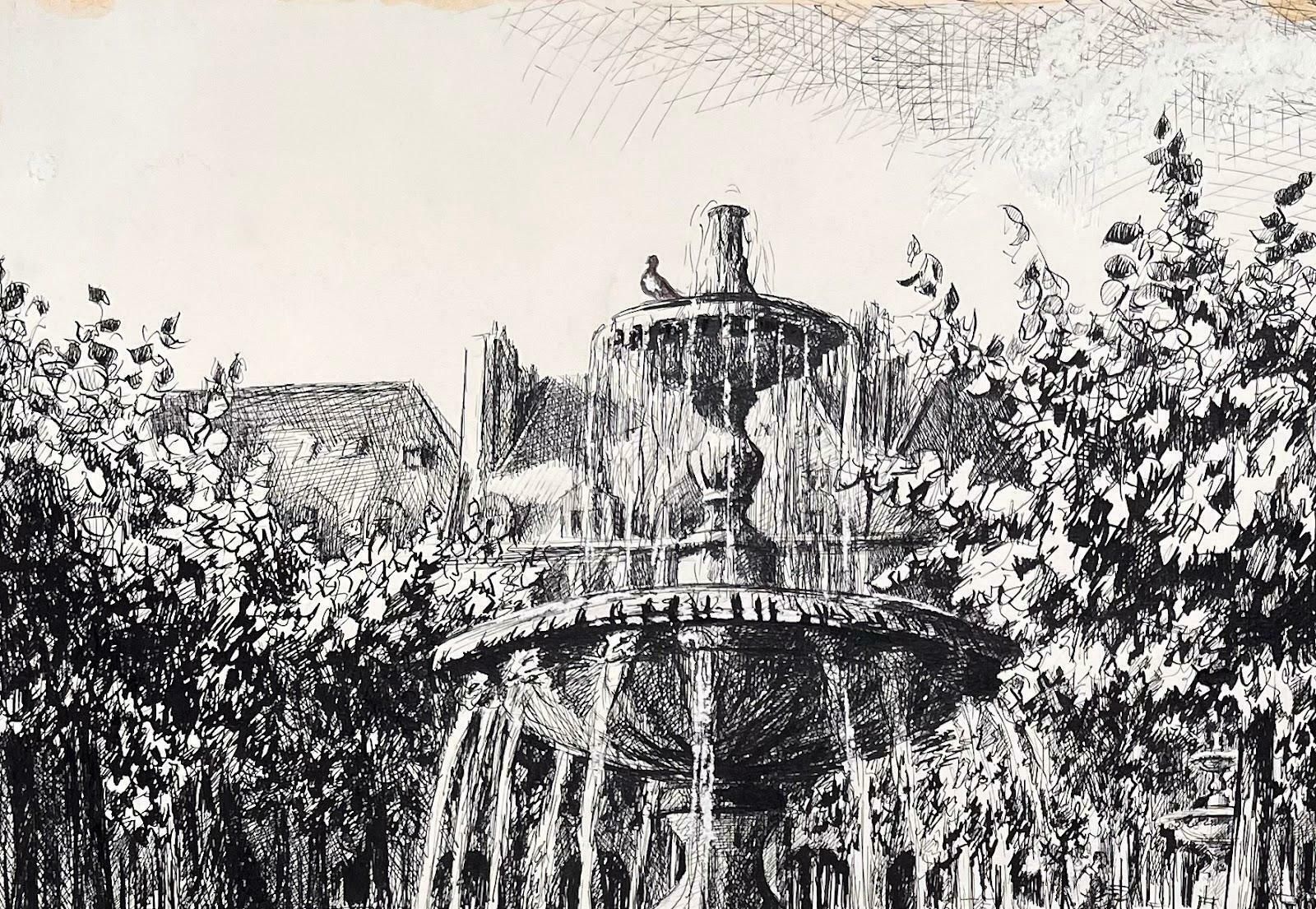 Josine Vignonmid Century French Original Ink Drawing Of Place Des Vosges (Paris 1970)1970 photo for sale
