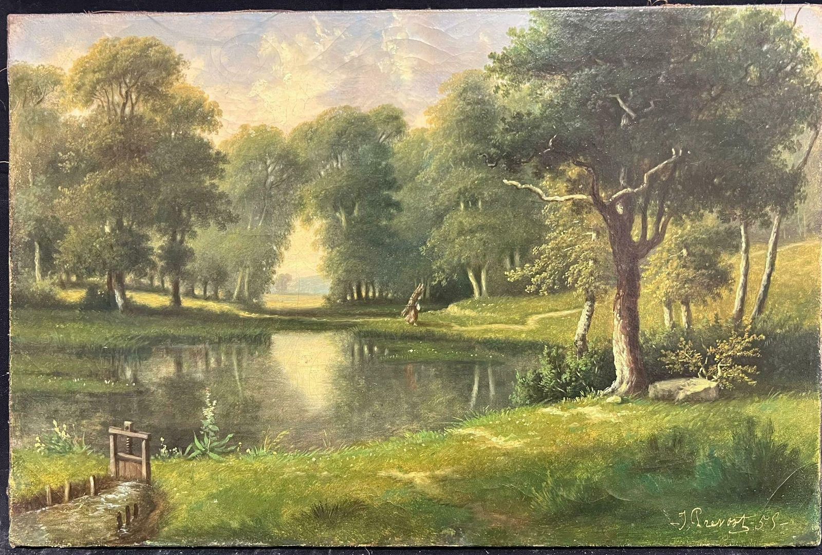 French School19th Century French Romantic Serene Woodland By The River Signed Oil Painting1855 photo furniture