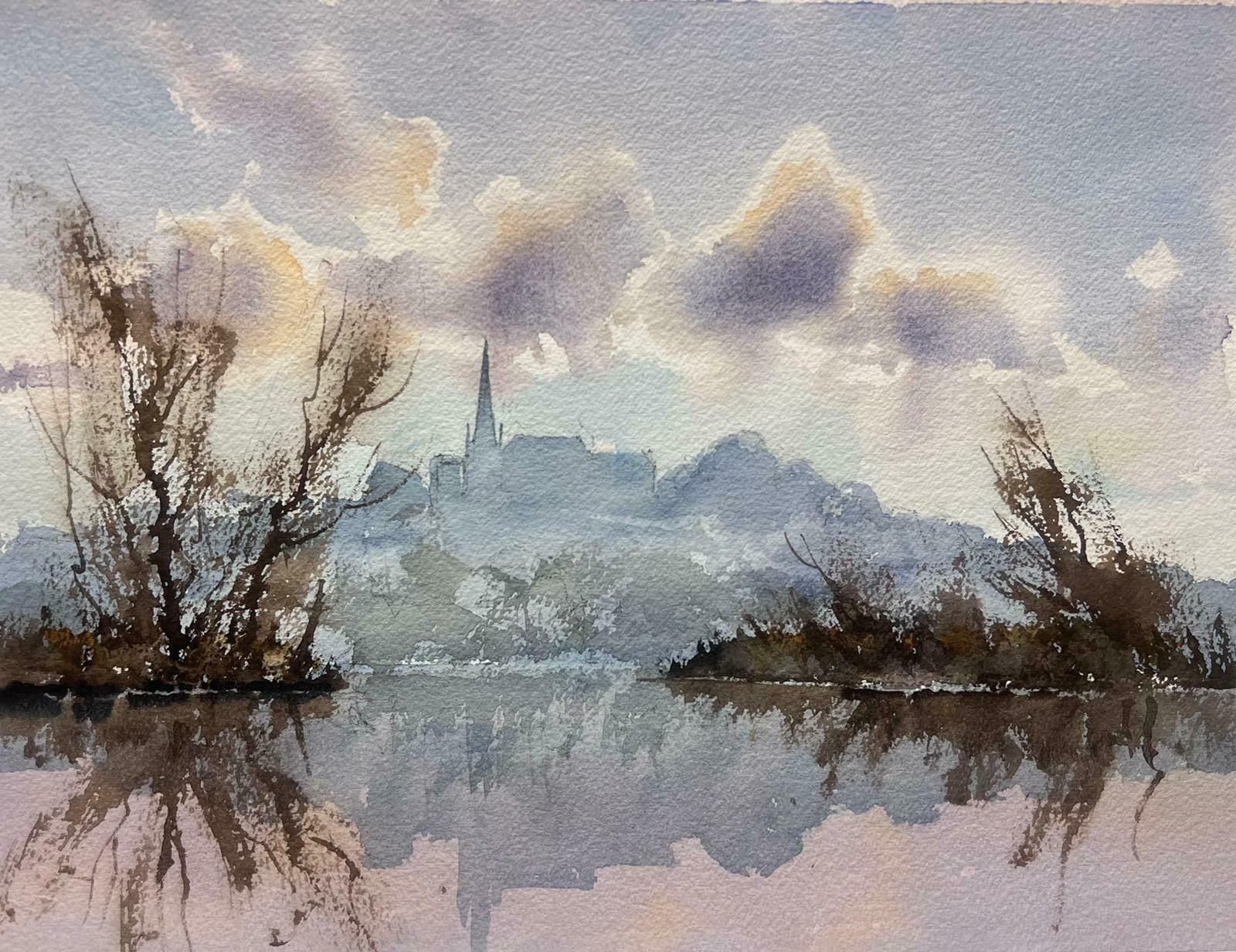 Anthony Averybritish Original Impressionist Watercolor Misty River Landscape Church Town View