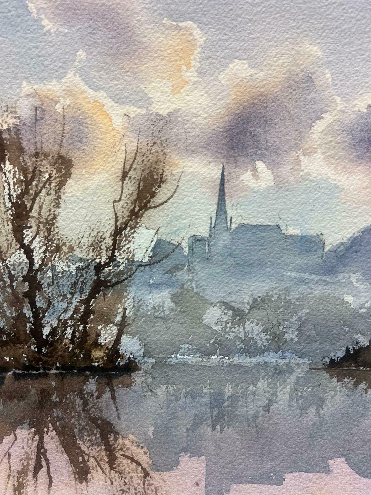 Anthony Averybritish Original Impressionist Watercolor Misty River Landscape Church Town View photo 346.0