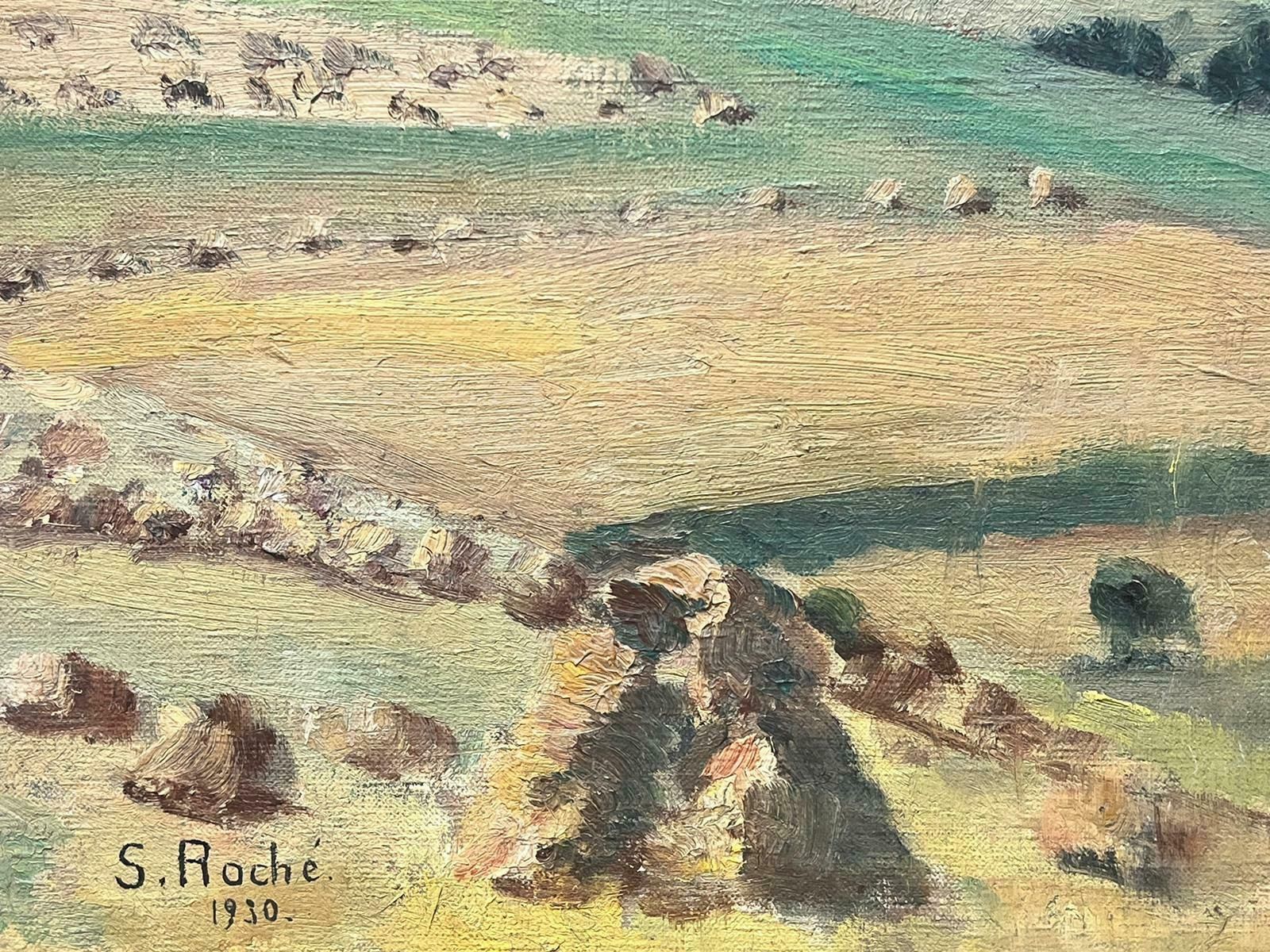 Suzanne Roche1930’s French Impressionist Signed Oil Harvest Fields Haybales Landscape 1930 photo 1247.0