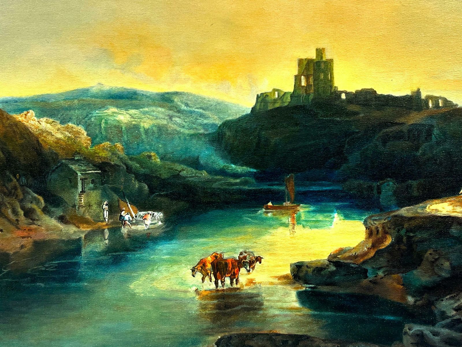 English Schoolsunset Over Mountain Lakes Cattle Watering From Water Large Tranquil Oil Canvas photo for sale
