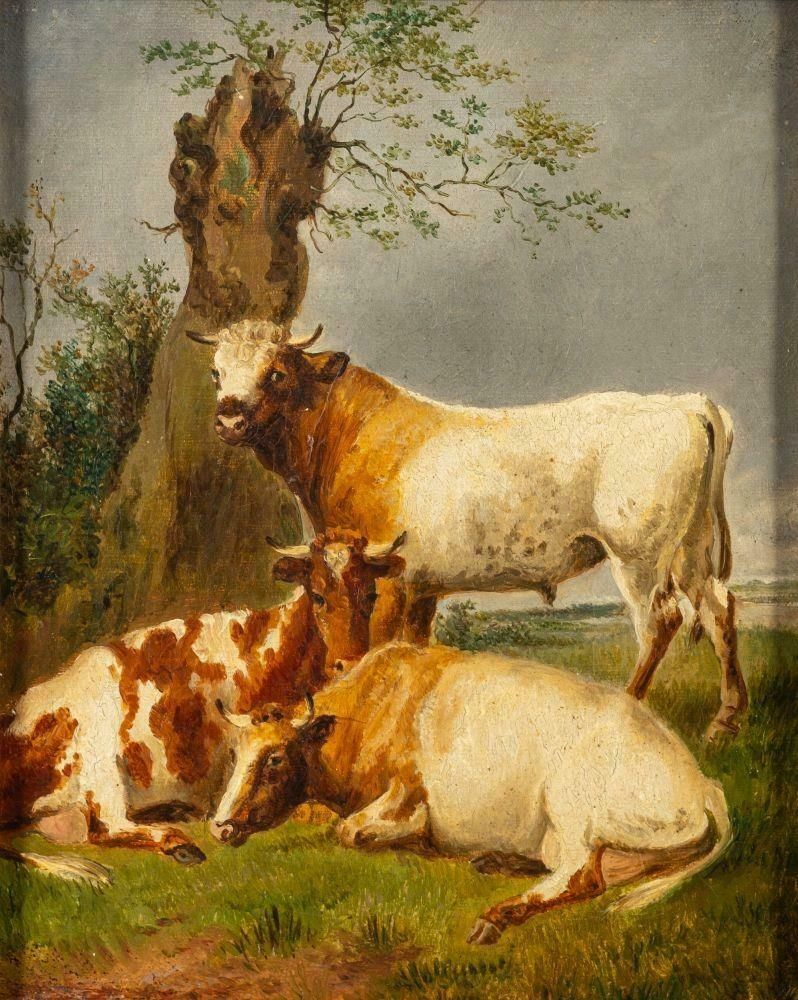 Antique Dutch Oil19th Century Dutch School Oil Landscape With Bull And Two Cows In Meadow19th Century