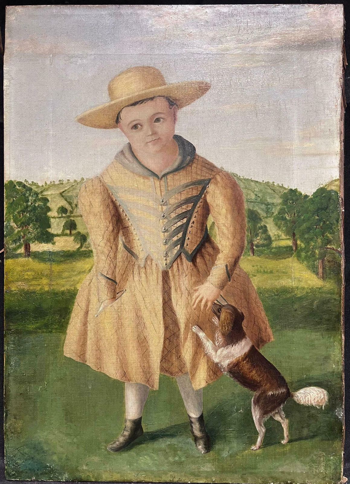 19th Century American Folk Artmid 19th Century American Folk Art Portrait Of Child With Dog In Landscape, Oil photo furniture
