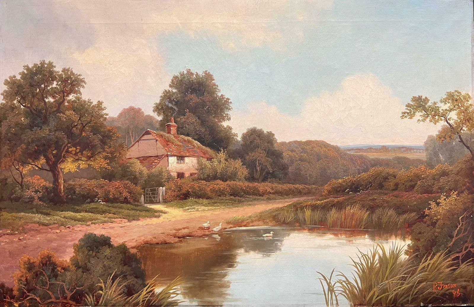 Victorian English Oil 19th Century English Signed Oil Painting Cottage By The Village Duck Pond 18961896
