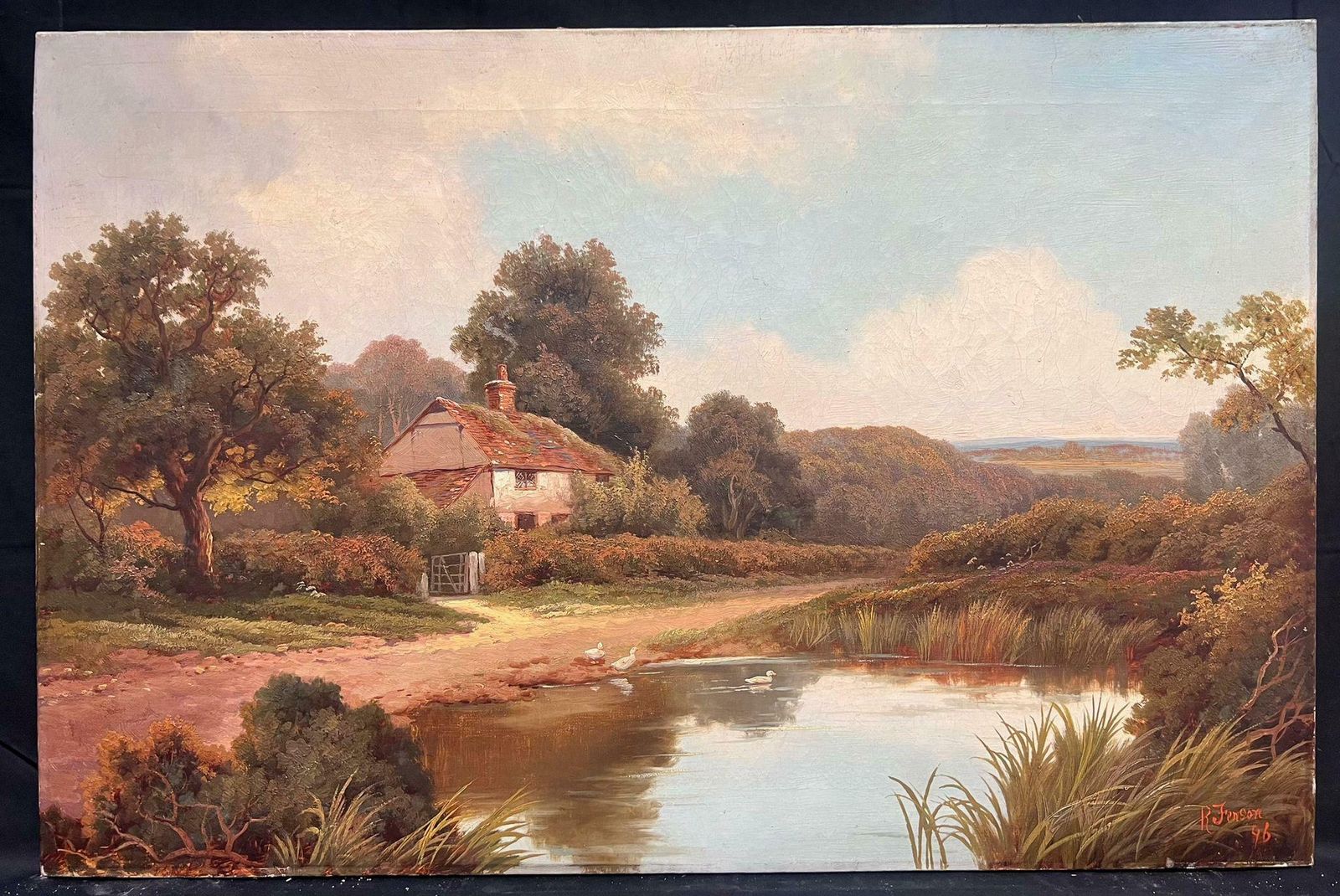 Victorian English Oil 19th Century English Signed Oil Painting Cottage By The Village Duck Pond 18961896 photo furniture
