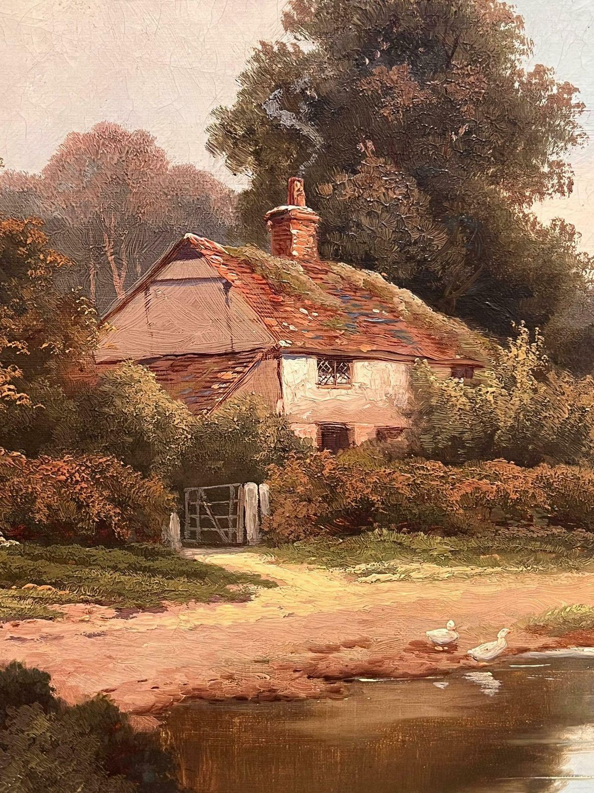 Victorian English Oil 19th Century English Signed Oil Painting Cottage By The Village Duck Pond 18961896 photo 1222.0