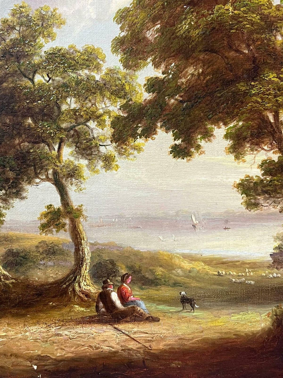 19th Century English Schoolantique English Oil Painting Figures Resting By River Woodland Landscape photo buy