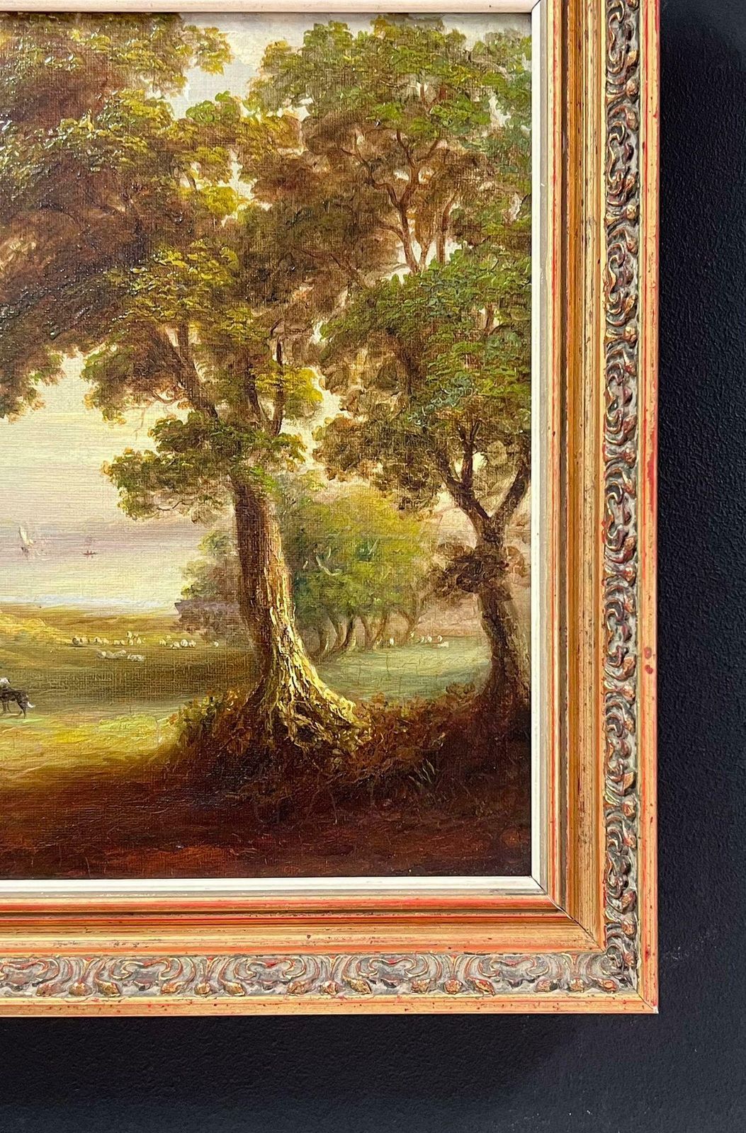19th Century English Schoolantique English Oil Painting Figures Resting By River Woodland Landscape photo vintage