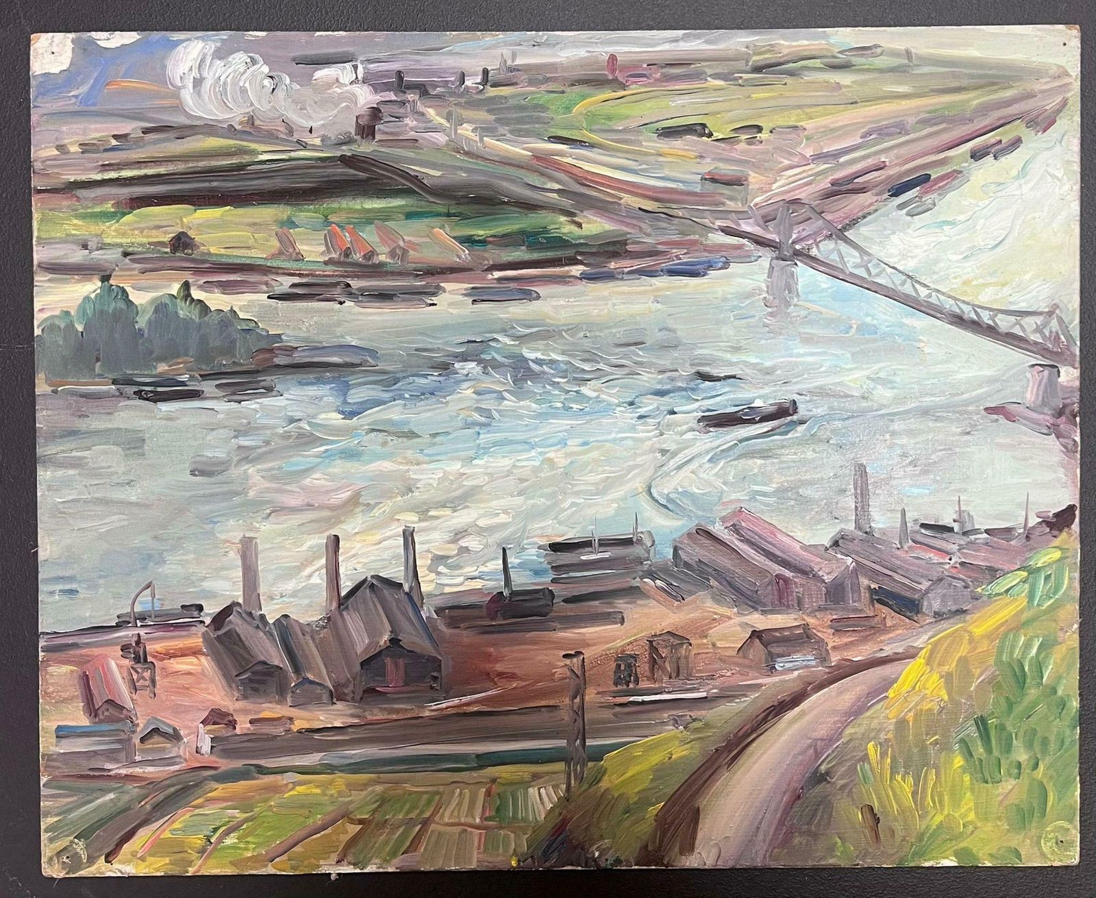 Regine Davidmid 20th Century 1950's French Post Impressionist Oil Large River & City1950's photo furniture