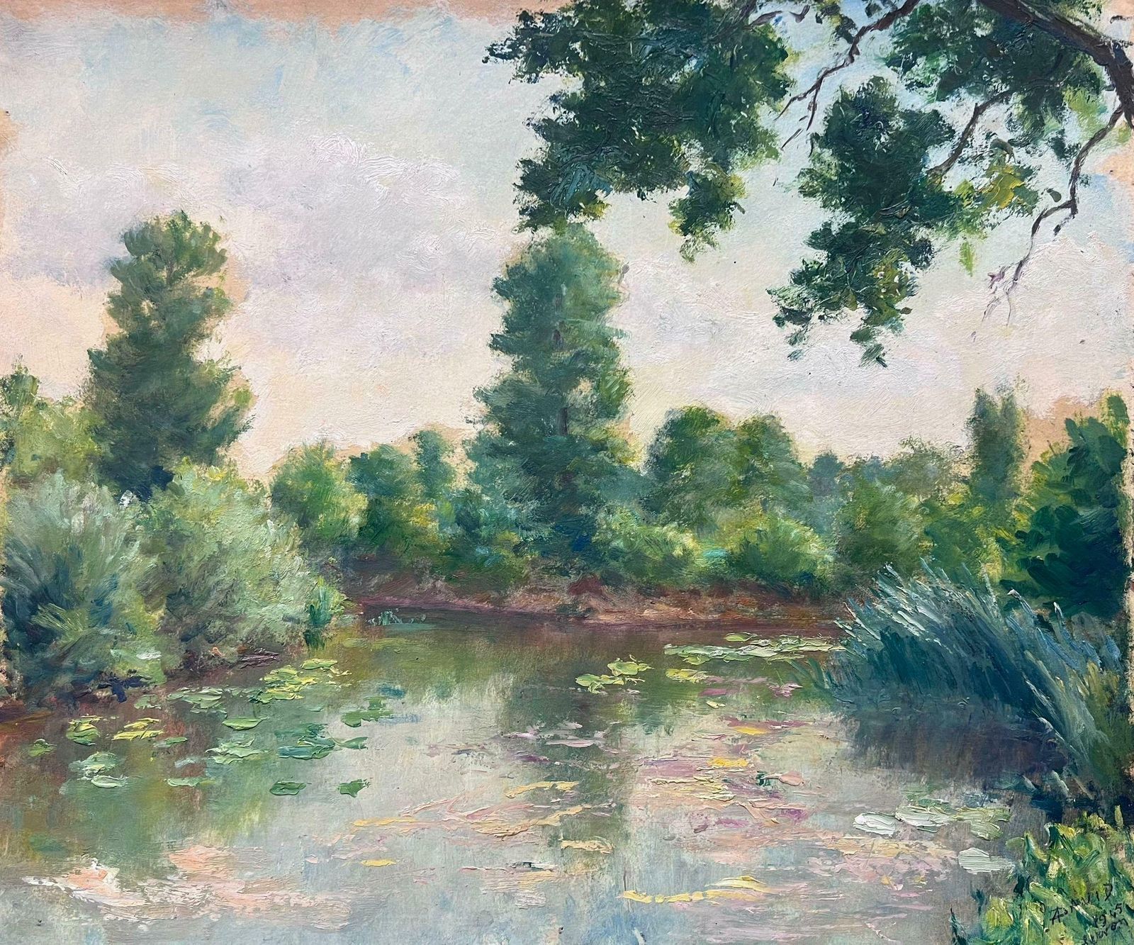 Regine Davidmid 20th Century 1950's French Post Impressionist Oil Waterlily Pond Summer 1950's