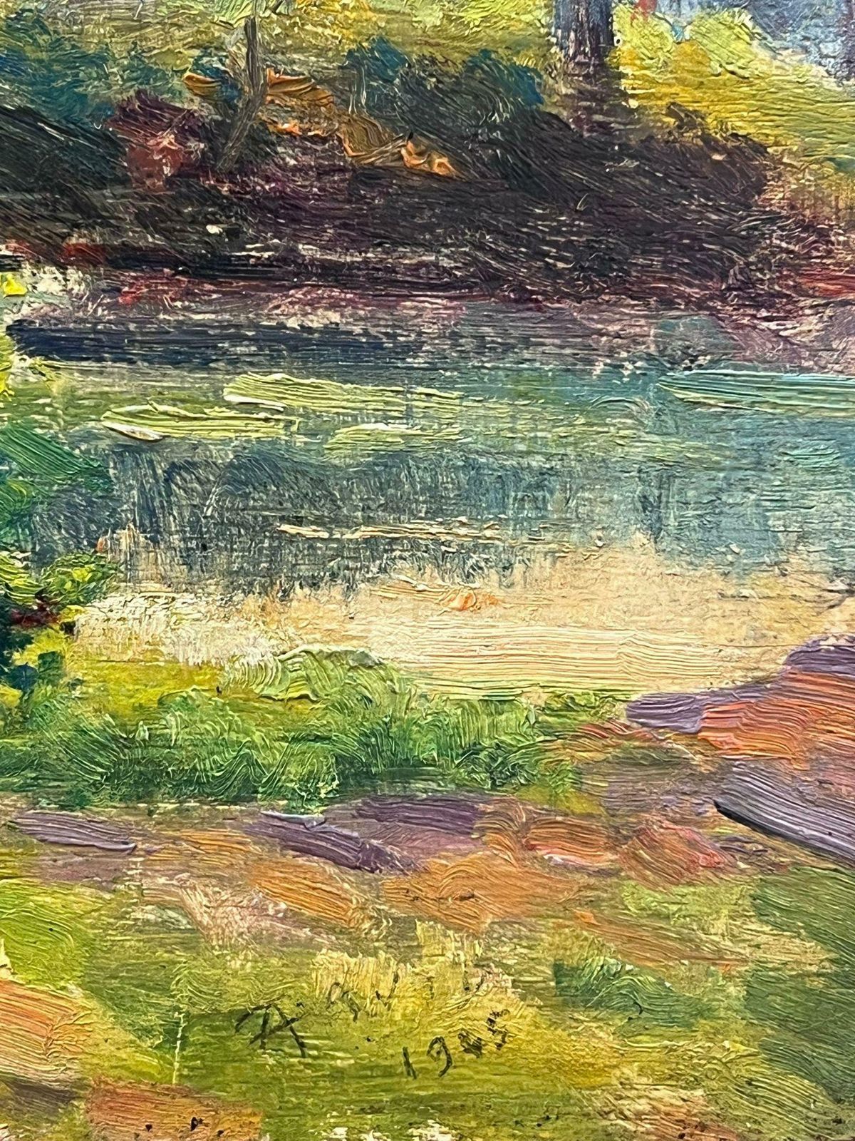 Regine Davidmid 20th Century French Impressionist Oil Dappled Light Golden River Landscape1950's photo Art