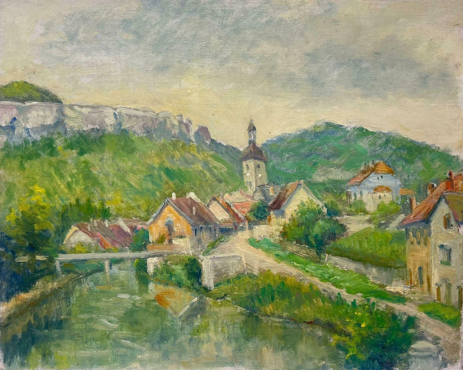 Regine Davidmid 20th Century 1950's French Post Impressionist Oil Old French Town & River1950's