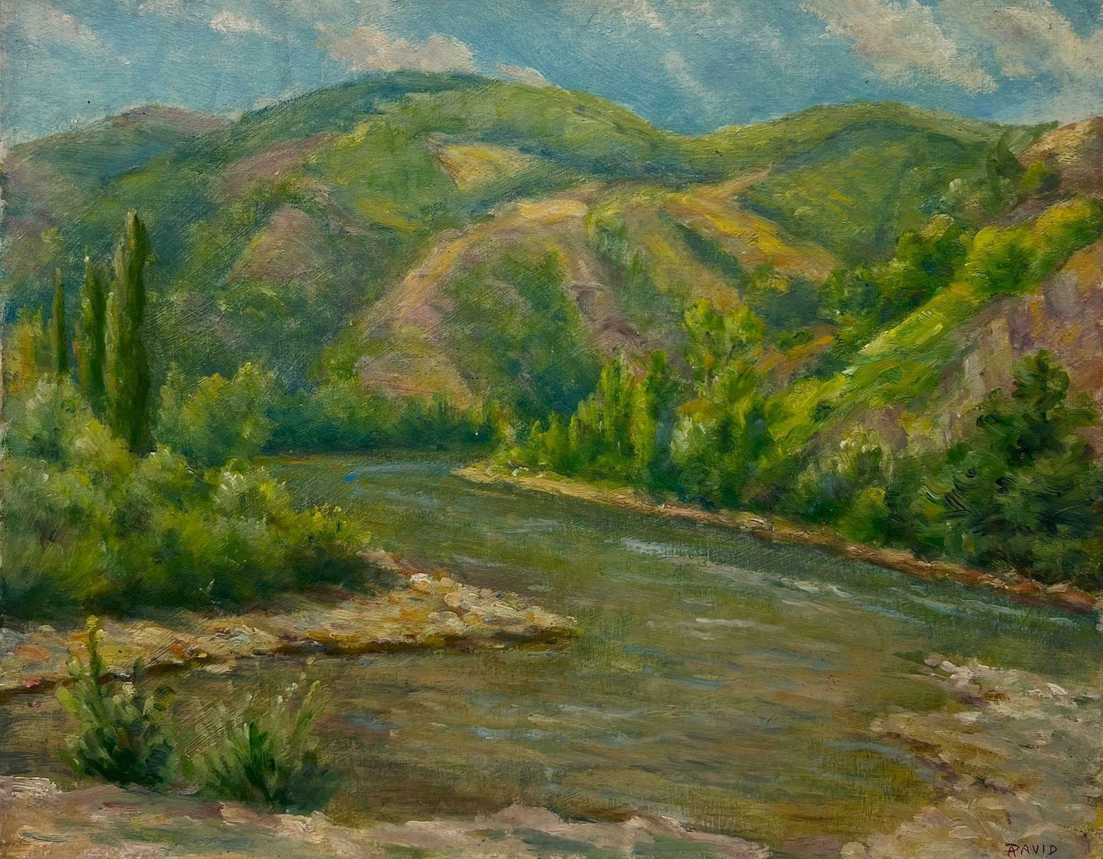 Regine Davidmid 20th Century 1950s French Post Impressionist Oil Green River Gorge Landscape1950's