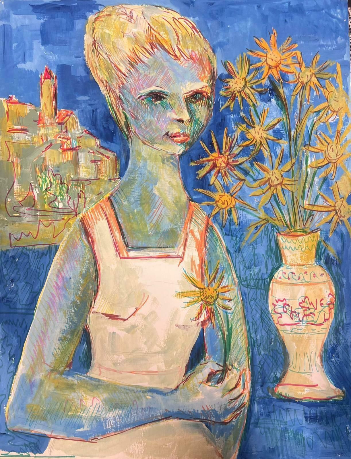 Bernard Labbe1950's Modernist Painting Blonde Lady Holding Sun Flowers In Blue Scenery1950's