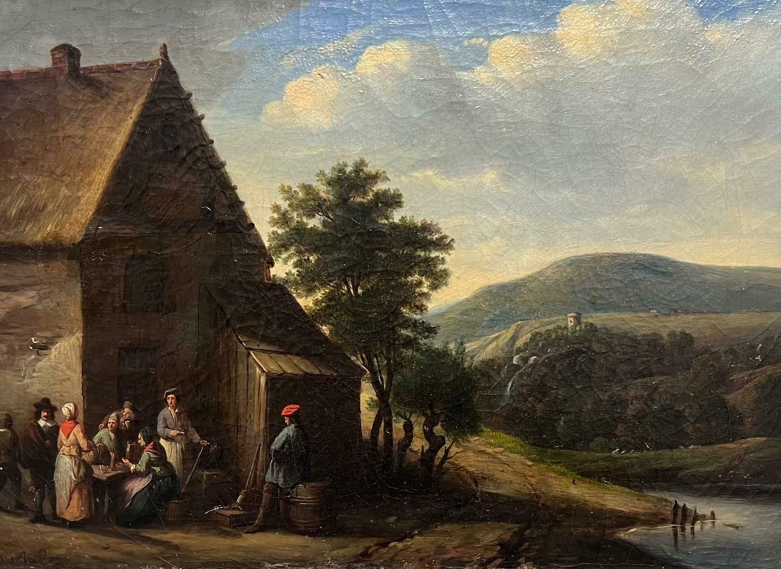 19th Century Dutch Or Flemish Schoolfigures Chatting Outside Village Tavern In Mountain Landscape, Period Oil