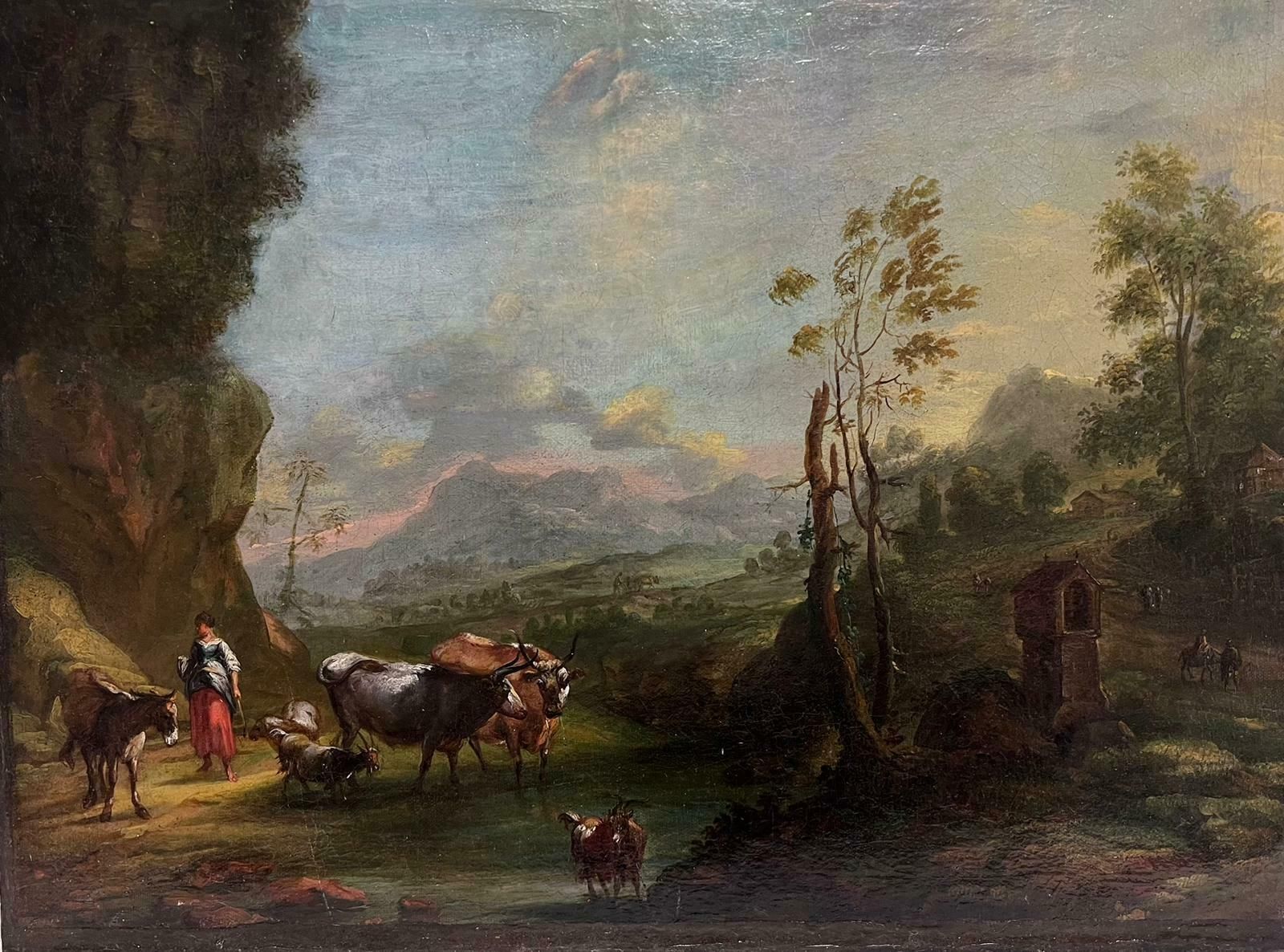 Italian 18th Centuryfine 18th Century Italian Old Master Oil Painting Berghers With Animals Sunset