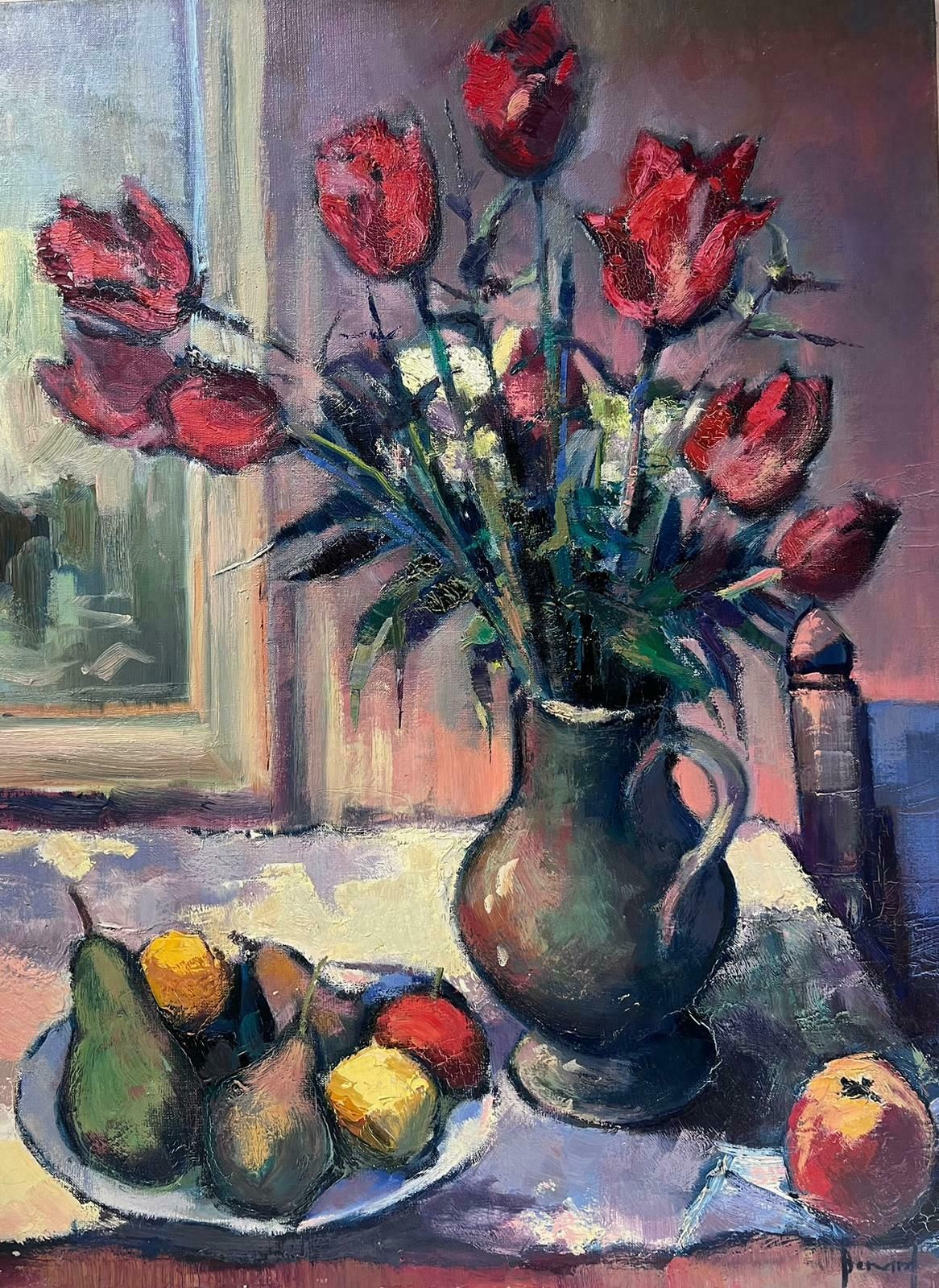 Guy Benardlarge French Post Impressionist Signed Oil Tulips, Apples & Pears Still Life