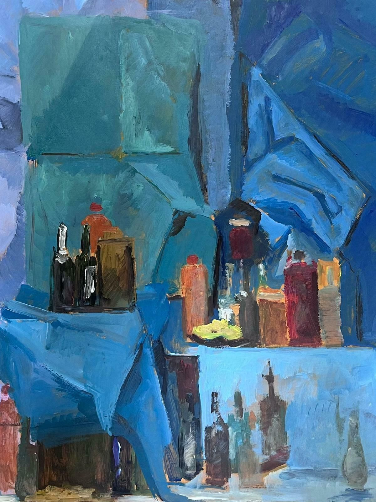 Guy Nicod French 20th Century Modernist Wine Bottles In Blue Interior Painting photo Art