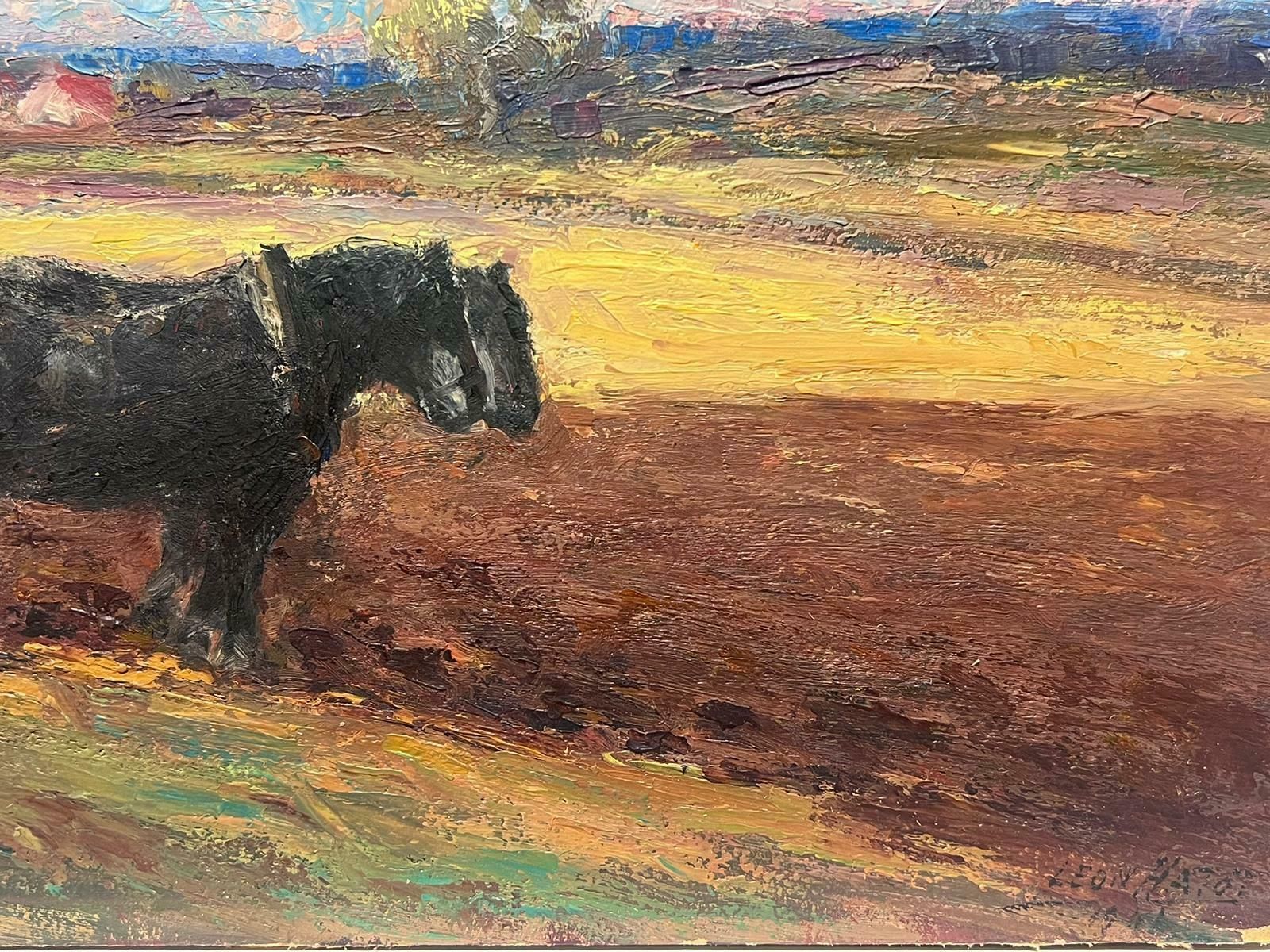 Leon Hatotvintage French Oil Painting Of Two Black Horses Farming In Blue Skied Field photo Art