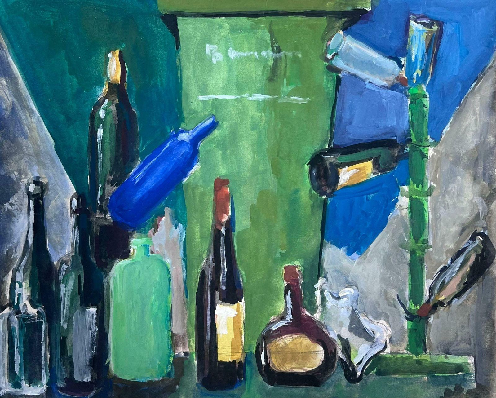 Guy Nicod 1970's French Modernist Still Life Wine Bottles Green Background