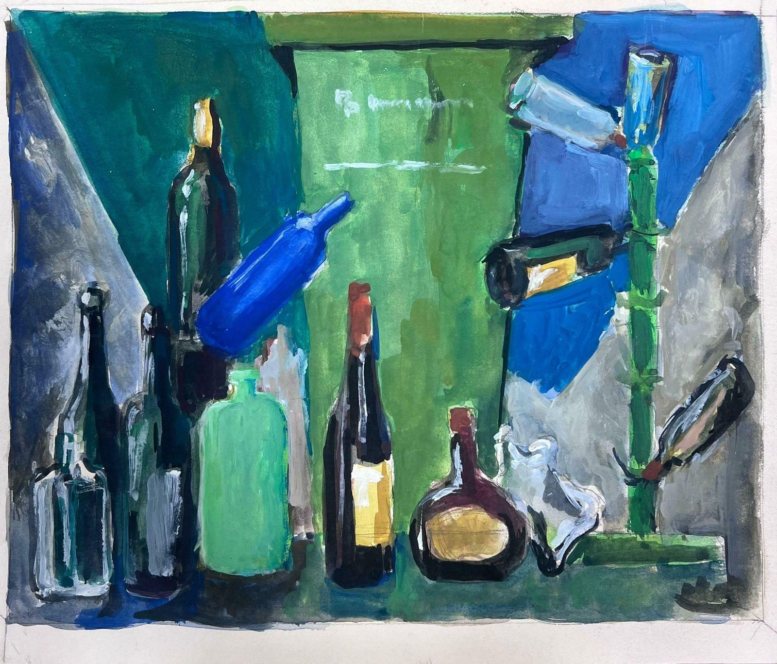 Guy Nicod 1970's French Modernist Still Life Wine Bottles Green Background photo furniture