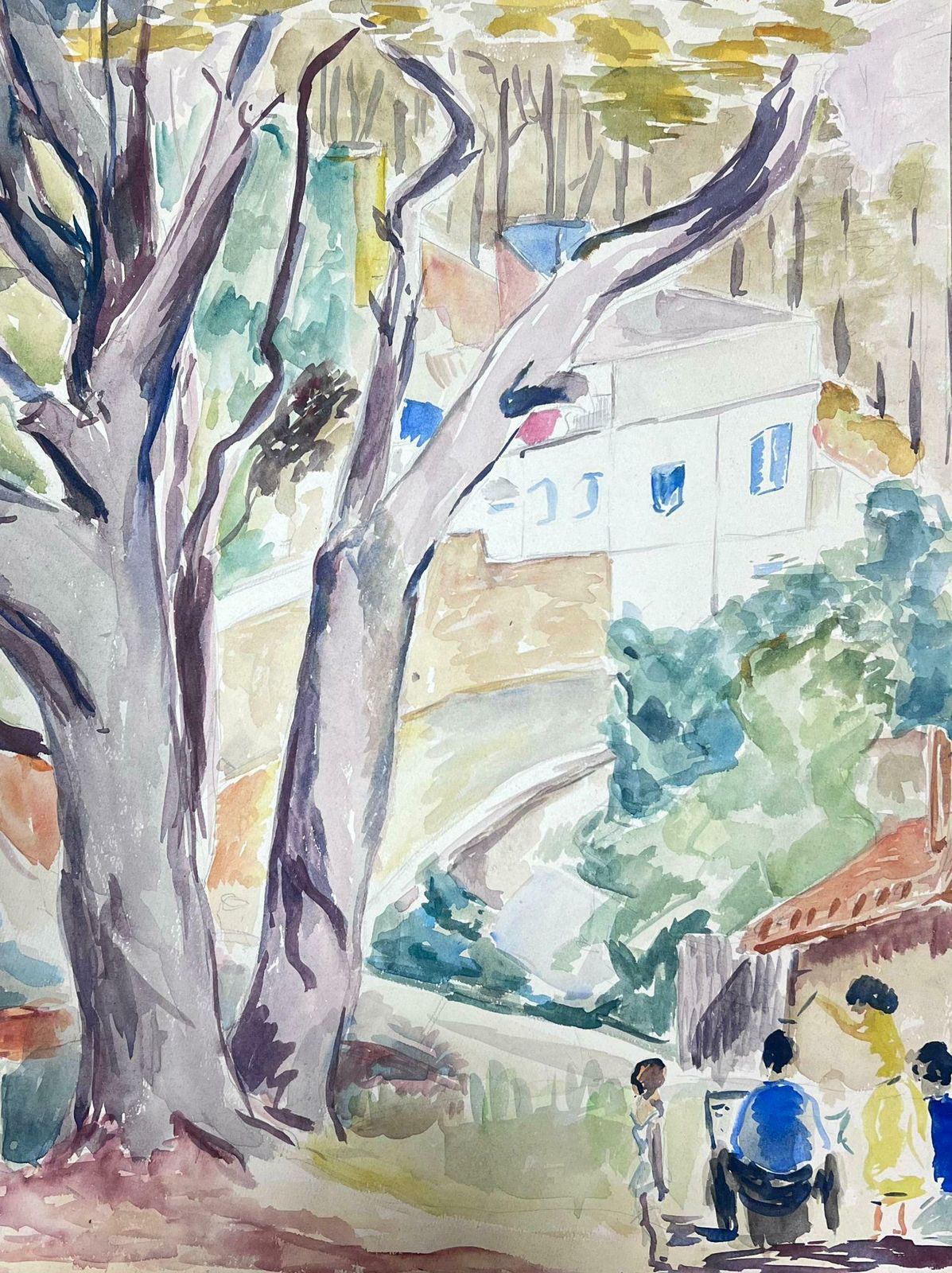 Guy Nicod Mid 20th Century French Post Impressionist Watercolor Provencal Village Figures photo 795.0