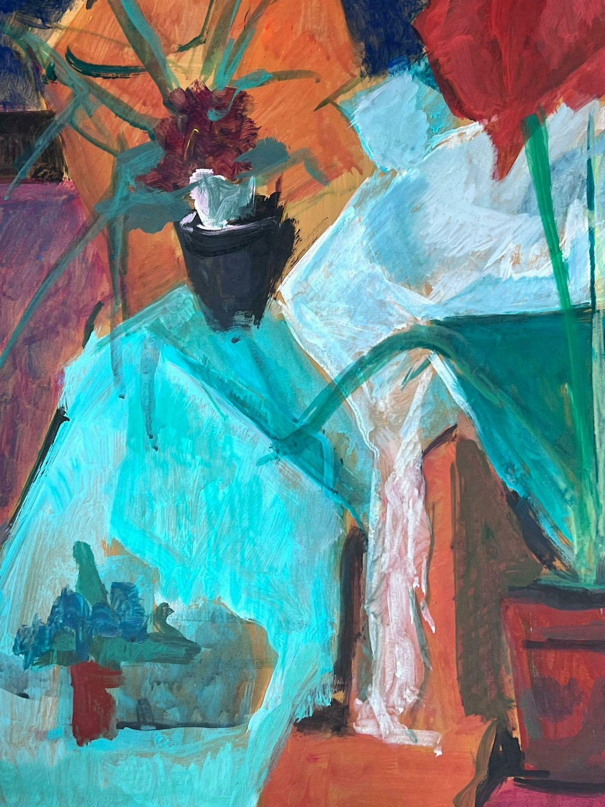 Guy Nicodfrench 20th Century Modernist Painting Tall Red Plant In Vase Still Life photo furniture