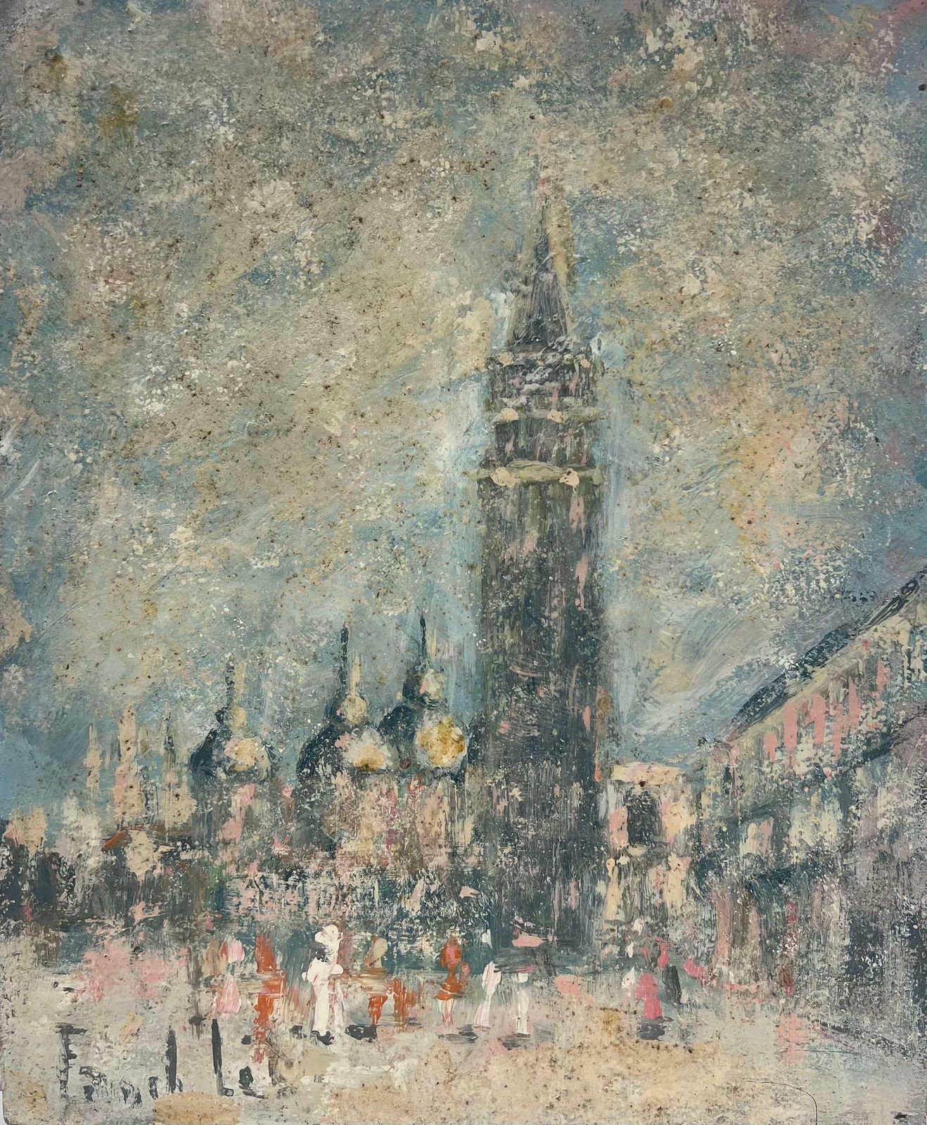 Fanch Lelfigures In Misty Cityscape View Of A Historic Tower And Cathedral Domes Oil 20th Century
