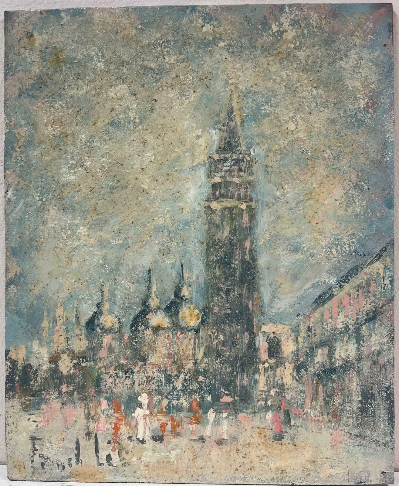 Fanch Lelfigures In Misty Cityscape View Of A Historic Tower And Cathedral Domes Oil 20th Century photo furniture