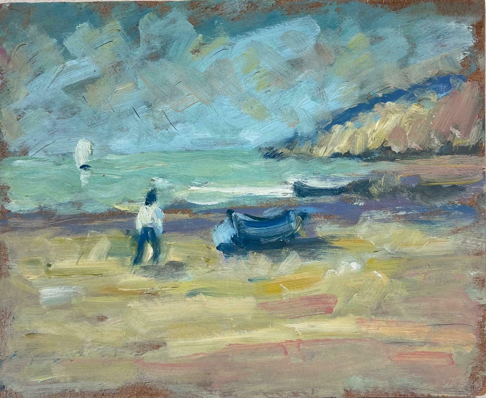 Fanch Lela Lone Figure And Boats By The Gentle Waves Of A Calm Coastline French Oil20th Century