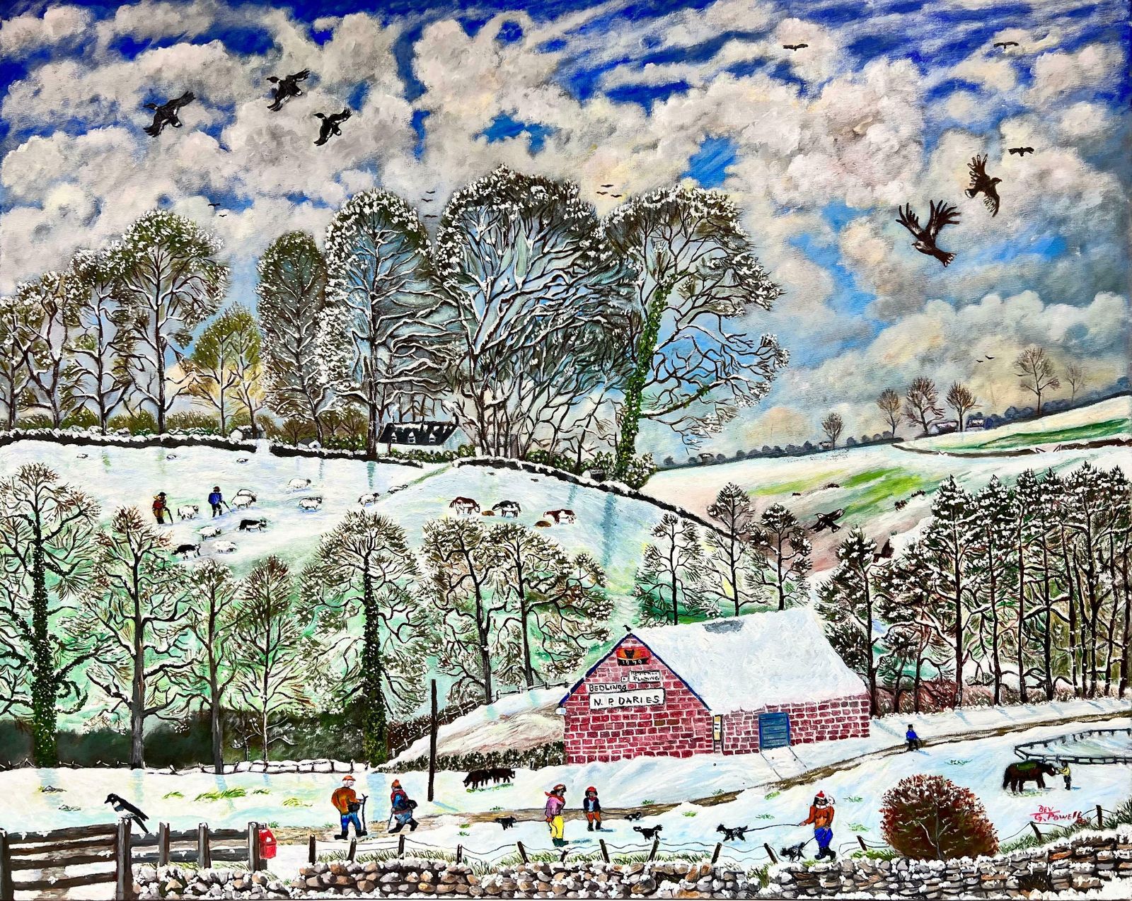Ben Powellhuge 20th Century British Naive Welsh Oil Painting Village Life In Winter Snow