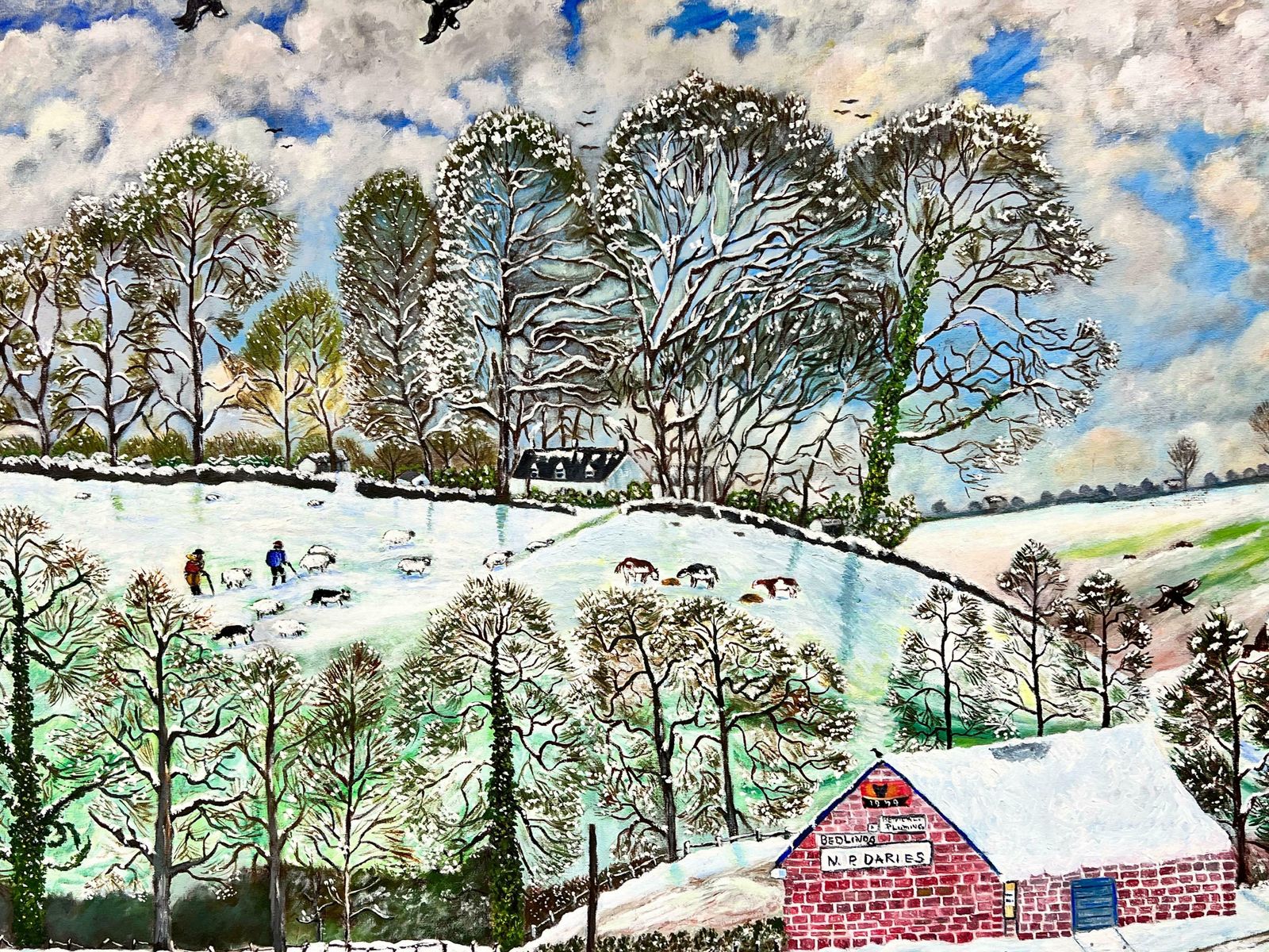 Ben Powellhuge 20th Century British Naive Welsh Oil Painting Village Life In Winter Snow photo furniture