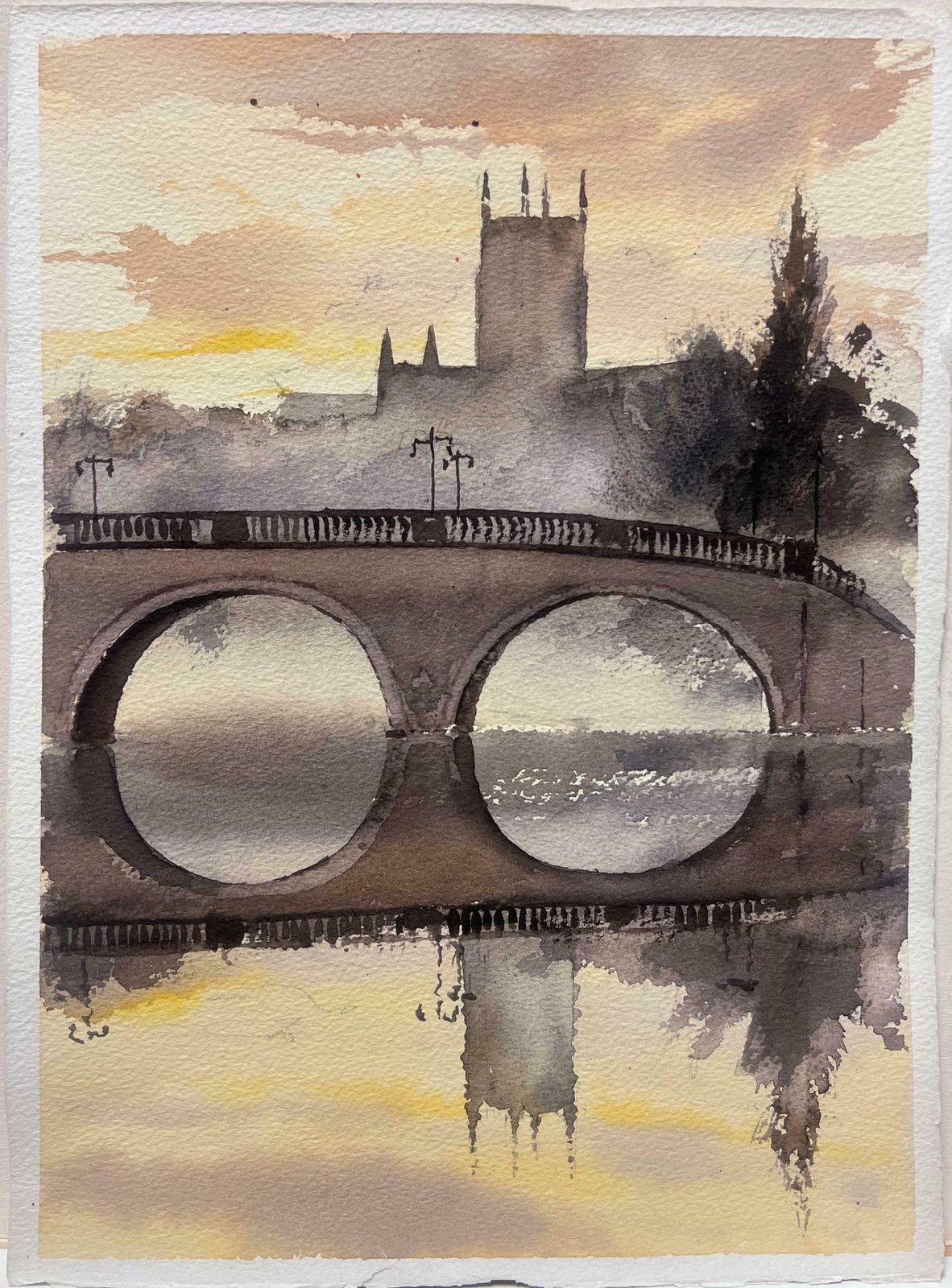 Anthony Averybritish 20thc Impressionist Watercolor Misty English River Bridge Church Spire photo furniture