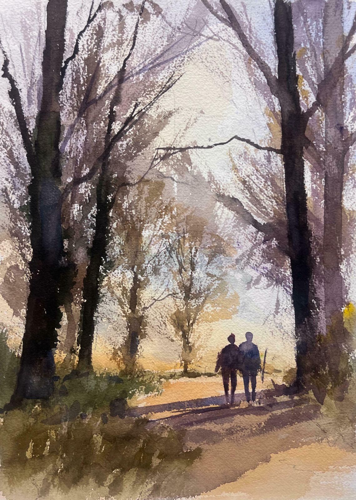 Anthony Averybritish Original Impressionist Watercolor Figures Walking Woodland Pathway Dusk