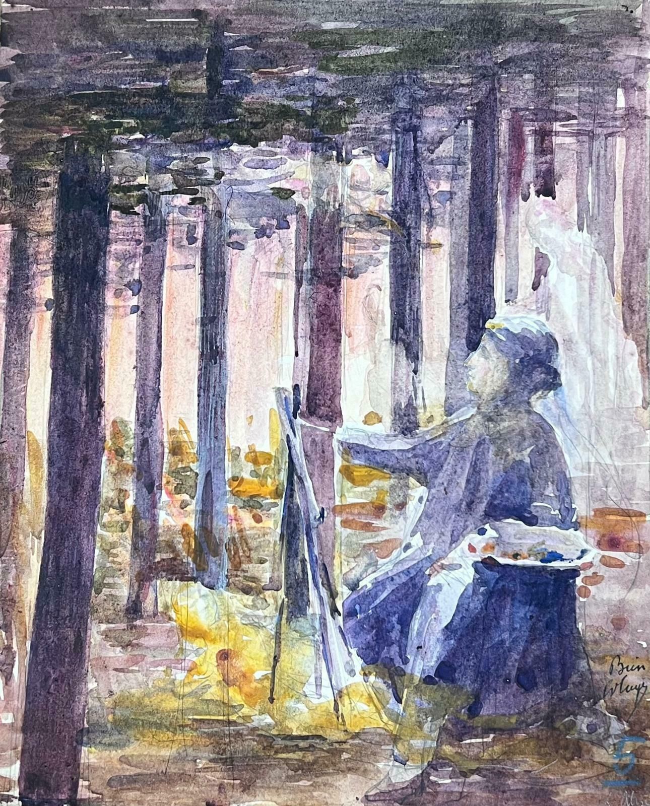 Louise Alixthe Artist Painting In Purple Woodland Landscape French Impressionist 1930's photo for sale