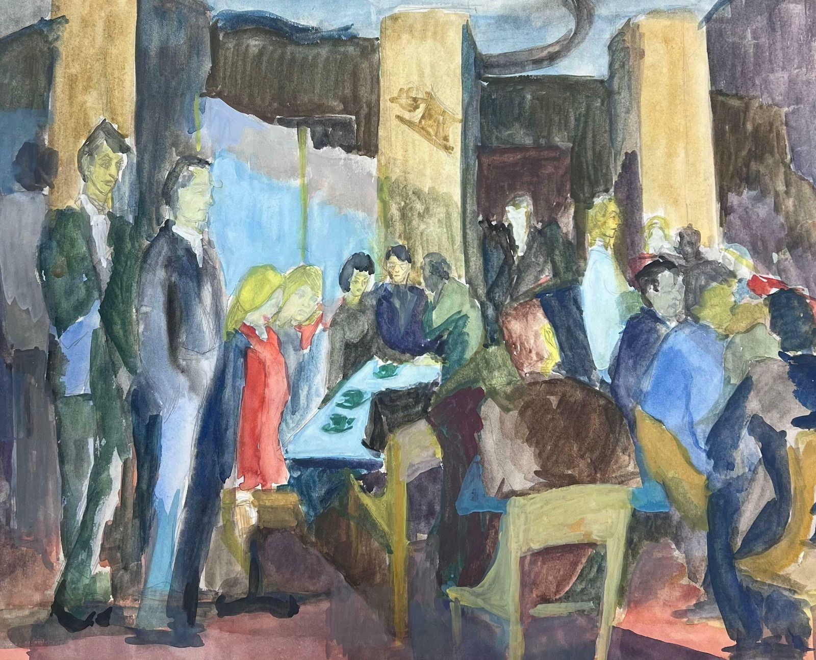 Guy Nicod 20th Century French Modernist Painting Crowded Cafe Bar Scene With Figures photo furniture