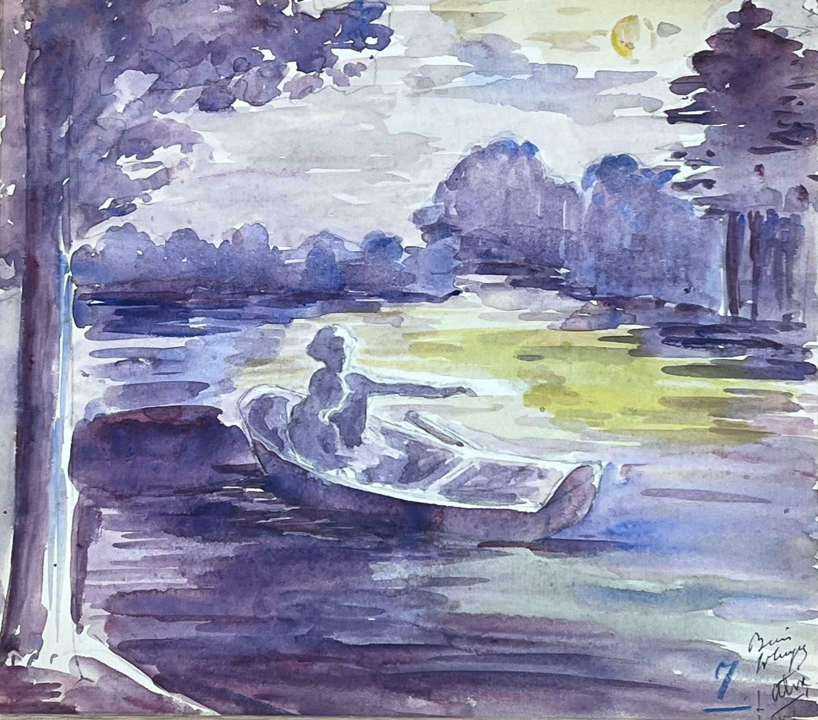 Louise Alixrowing Boat On Sunset Purple Lake Watercolour 1930's photo furniture