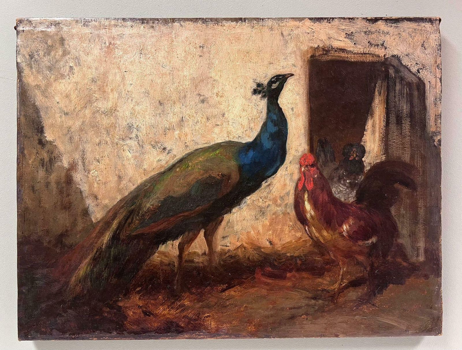 French Schoolfine 19th Century French Oil Painting Peacock & Cockerill Chickens In Yard photo furniture