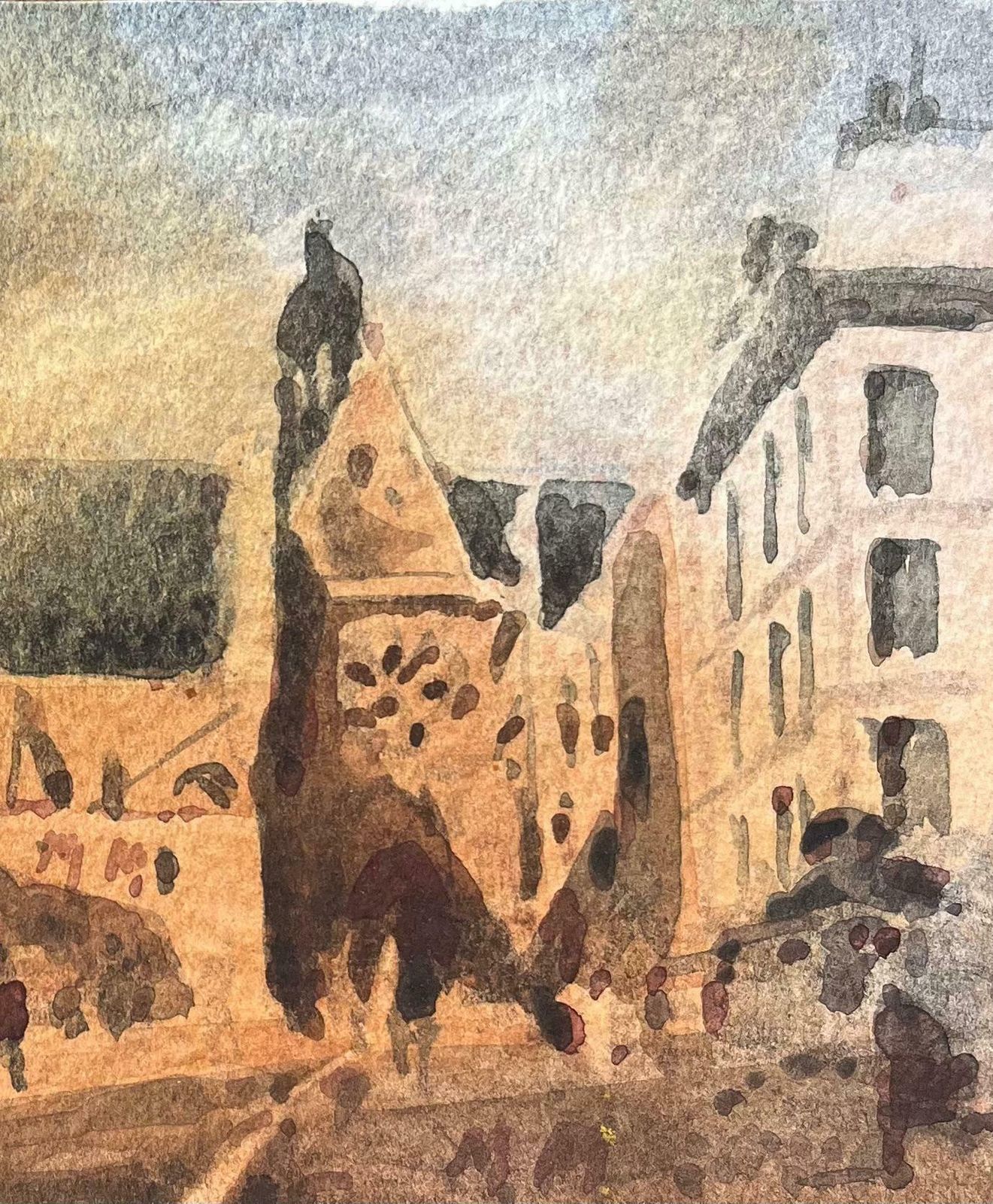 Maurice Mazeiliefrench Impressionist Watercolor Of A Bustling Market Scene With Gothic Church20th Century photo for sale