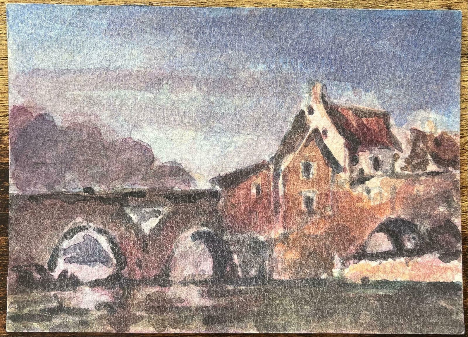 Maurice Mazeiliefrench Impressionist Watercolor Of A Stone Bridge And Riverside Buildings20th Century photo furniture